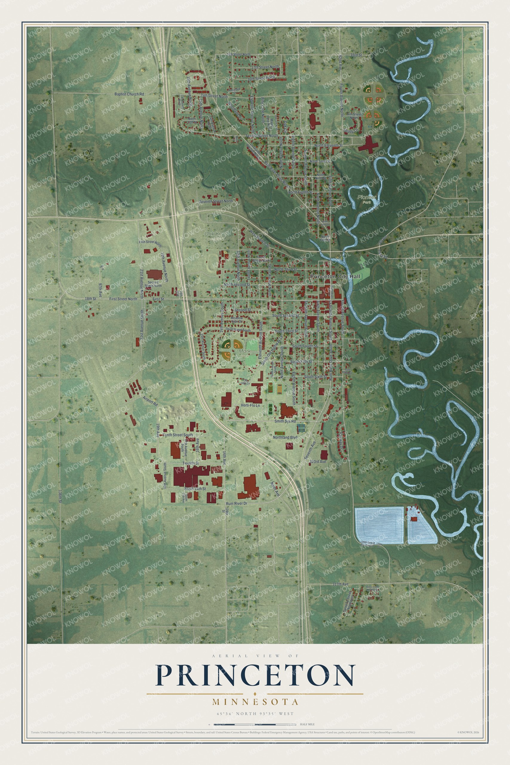 Full map of Princeton, Minnesota, with red buildings, printed street names and the land around them