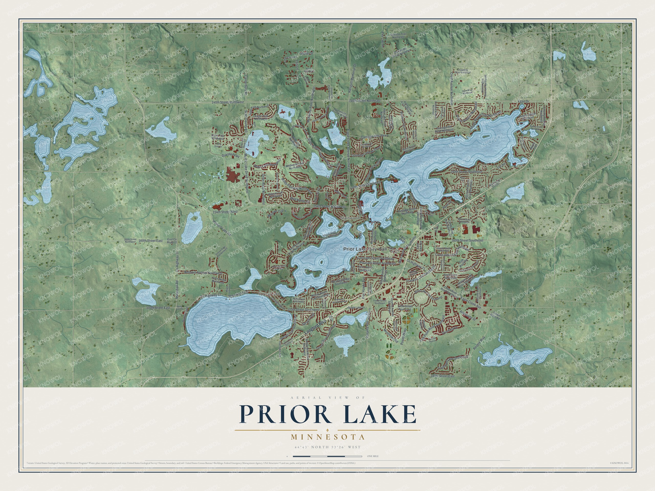 Full map of Prior Lake, Minnesota, with red buildings, printed street names and the land around them