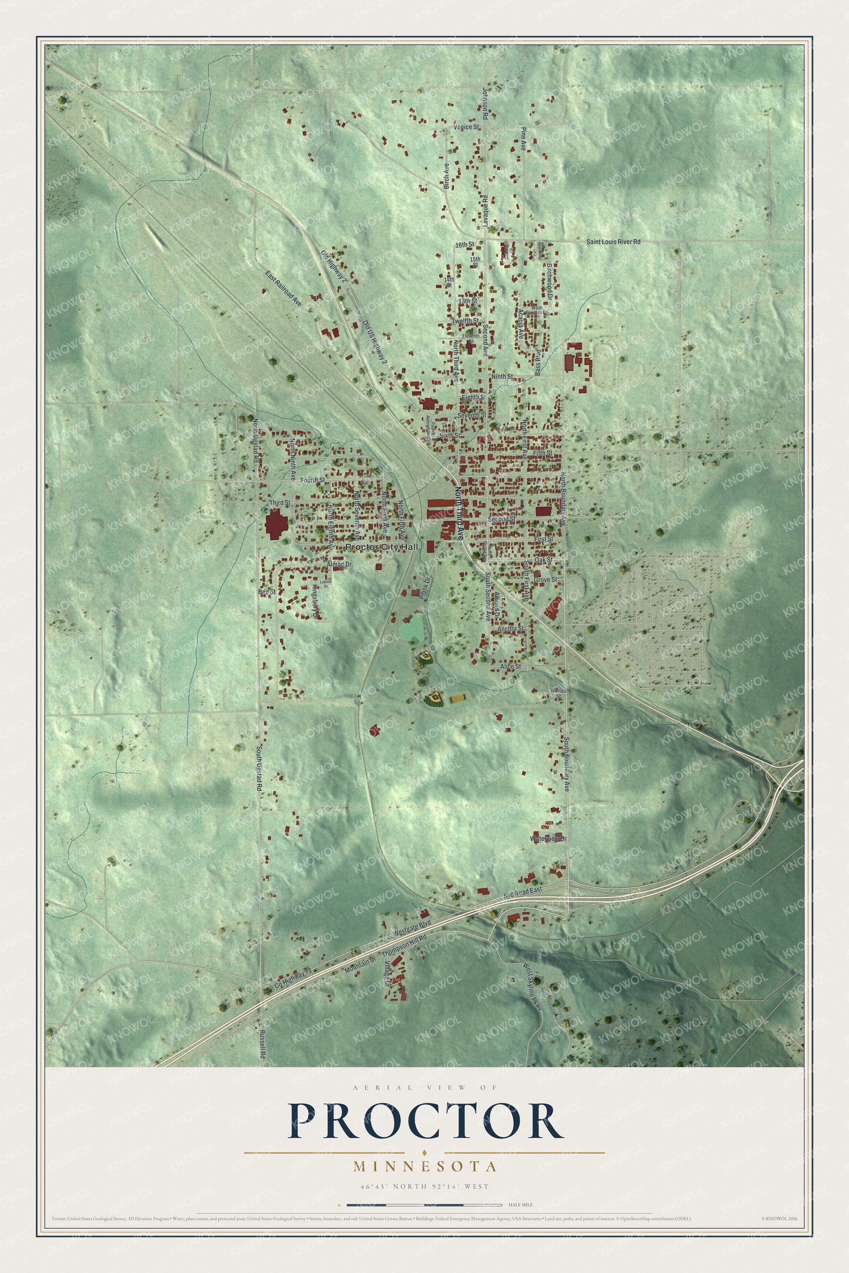Full map of Proctor, Minnesota, with red buildings, printed street names and the land around them