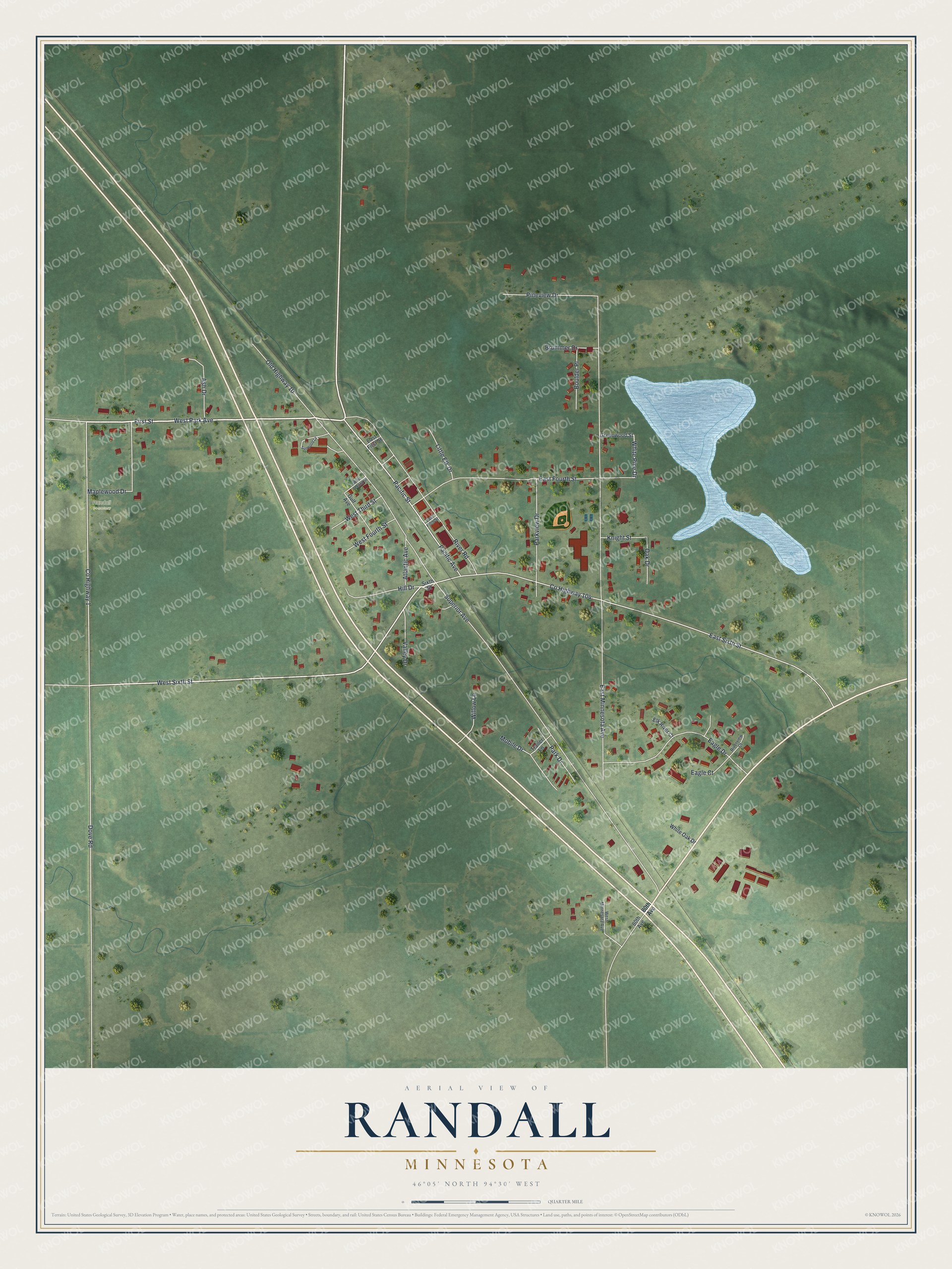 Full map of Randall, Minnesota, with red buildings, printed street names and the land around them
