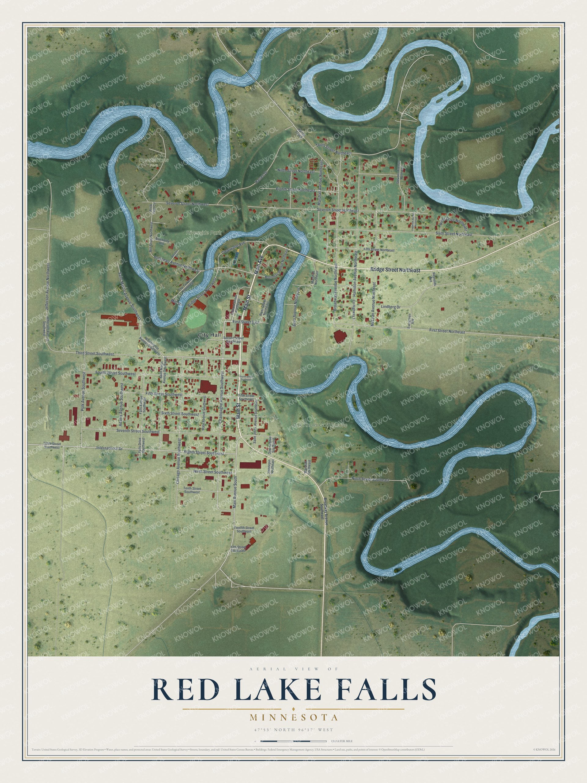 Full map of Red Lake Falls, Minnesota, with red buildings, printed street names and the land around them