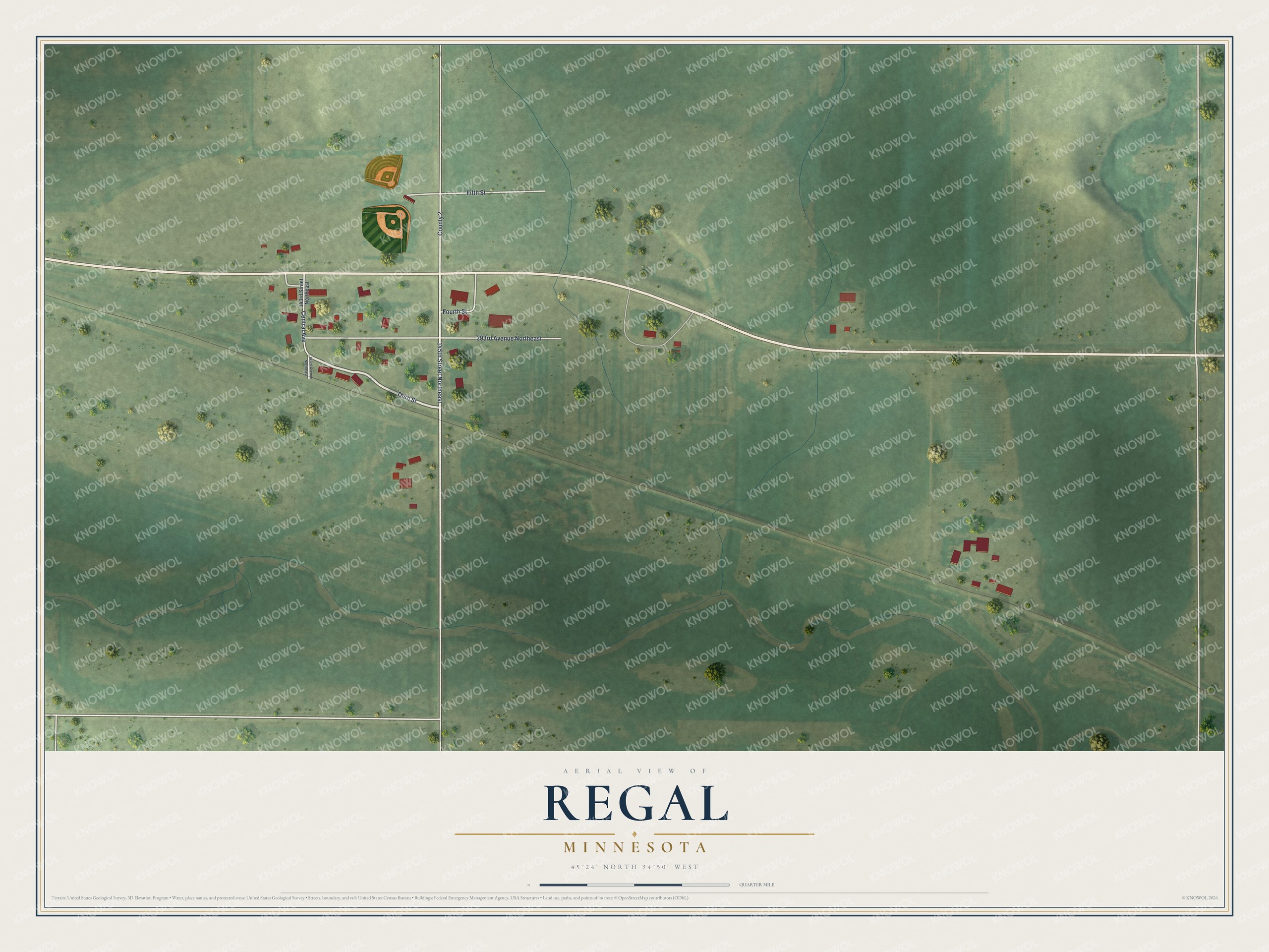 Full map of Regal, Minnesota, with red buildings, printed street names and the land around them