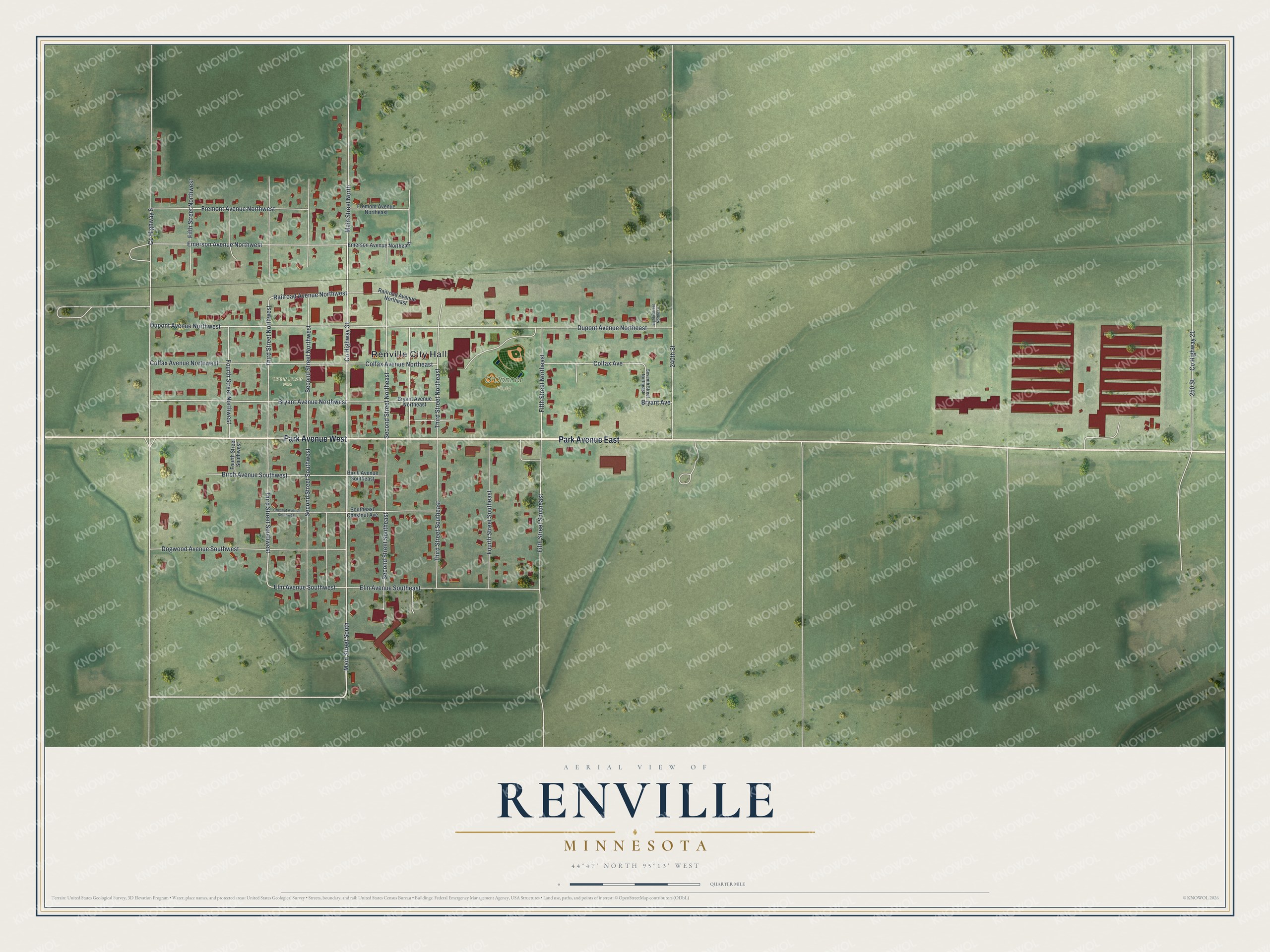 Full map of Renville, Minnesota, with red buildings, printed street names and the land around them
