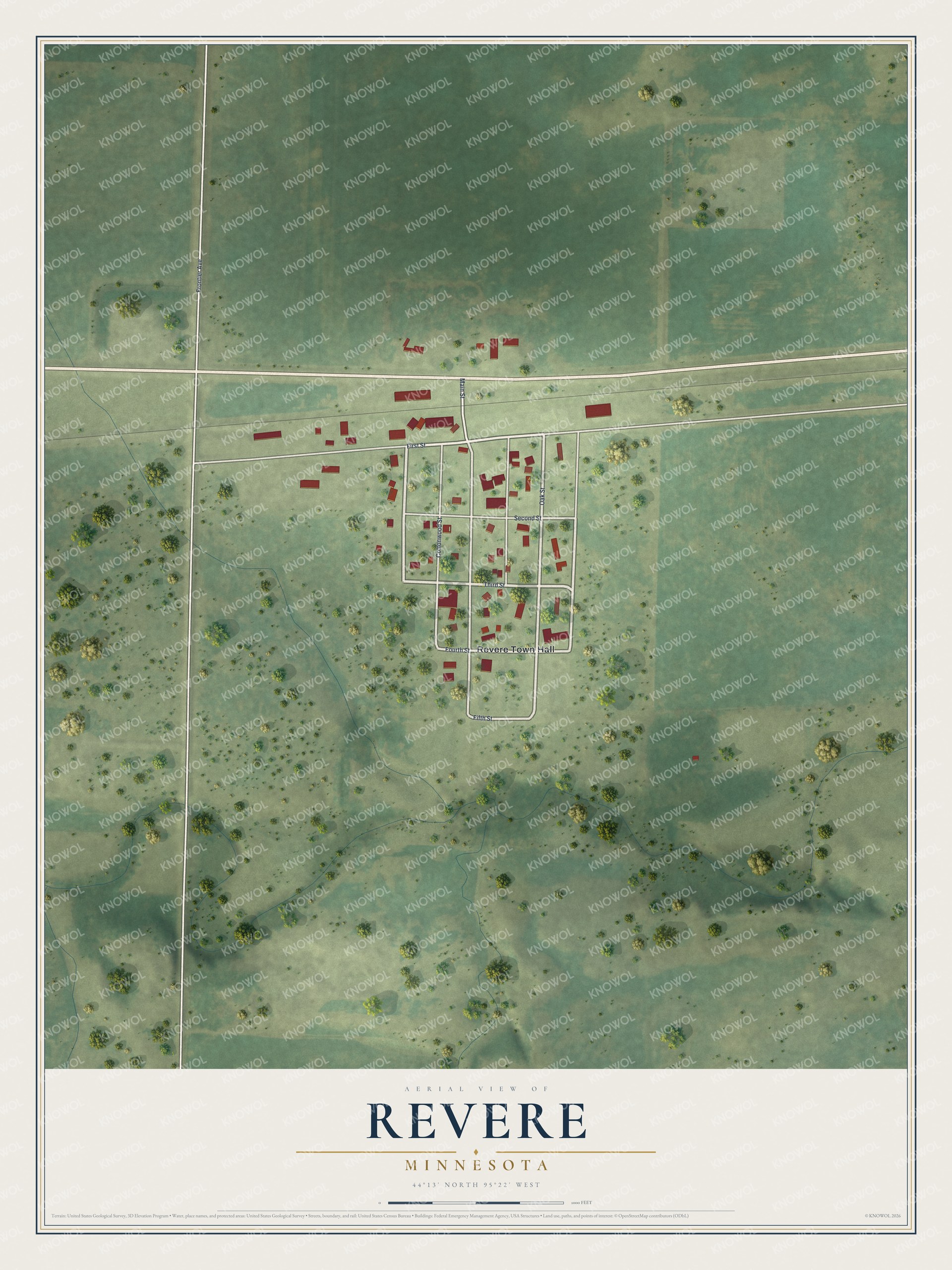 Full map of Revere, Minnesota, with red buildings, printed street names and the land around them