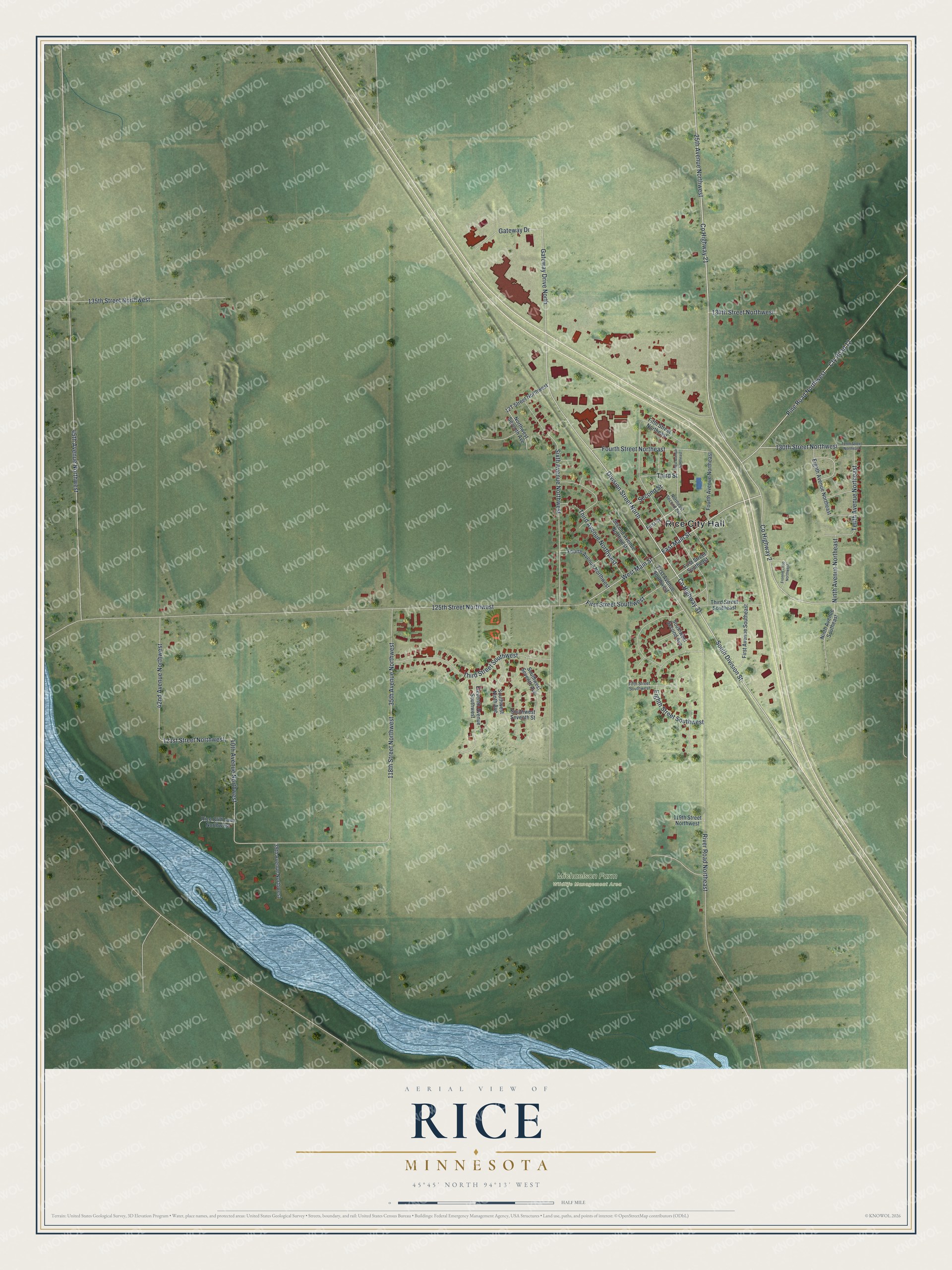 Full map of Rice, Minnesota, with red buildings, printed street names and the land around them