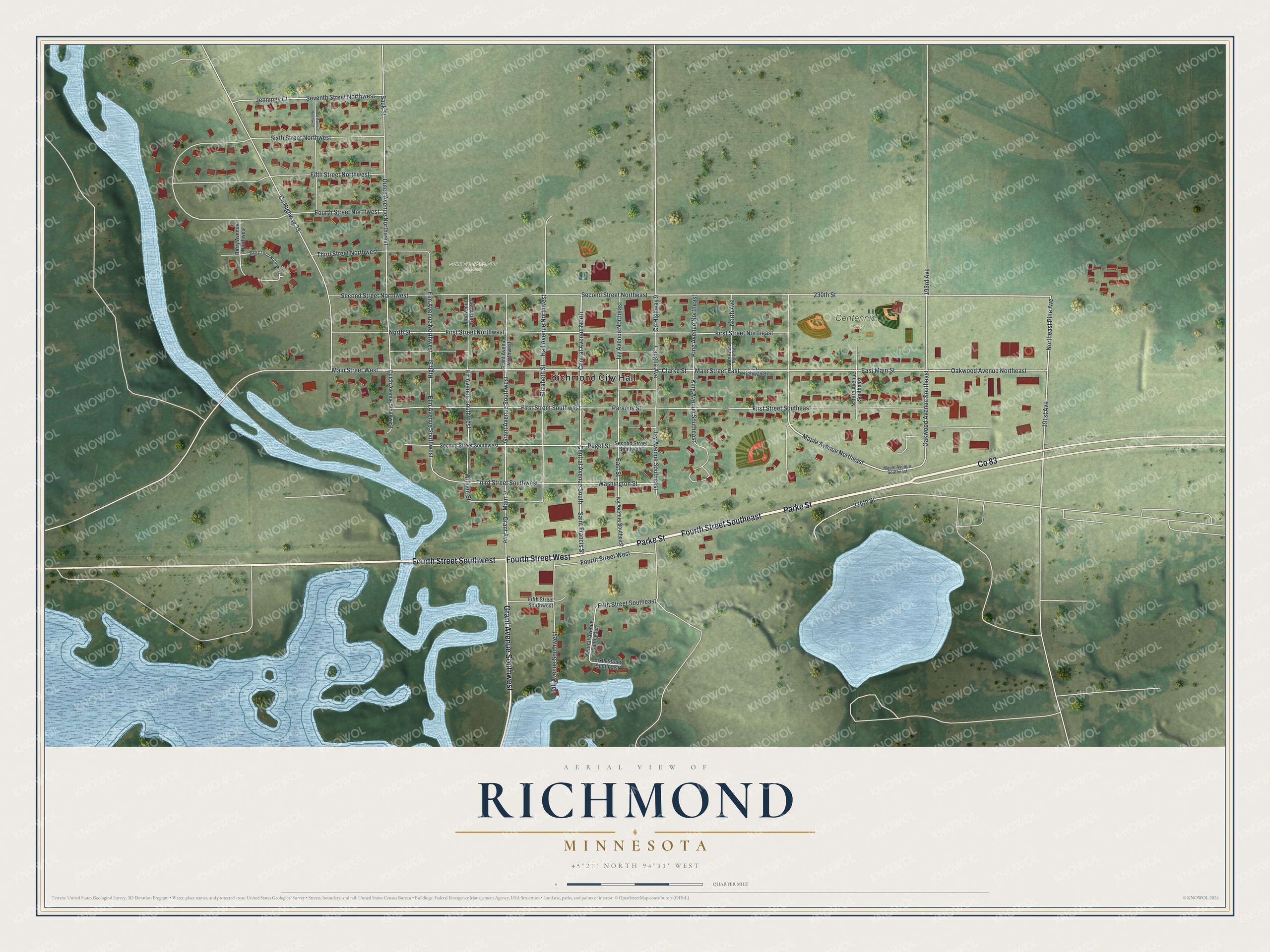 Full map of Richmond, Minnesota, with red buildings, printed street names and the land around them