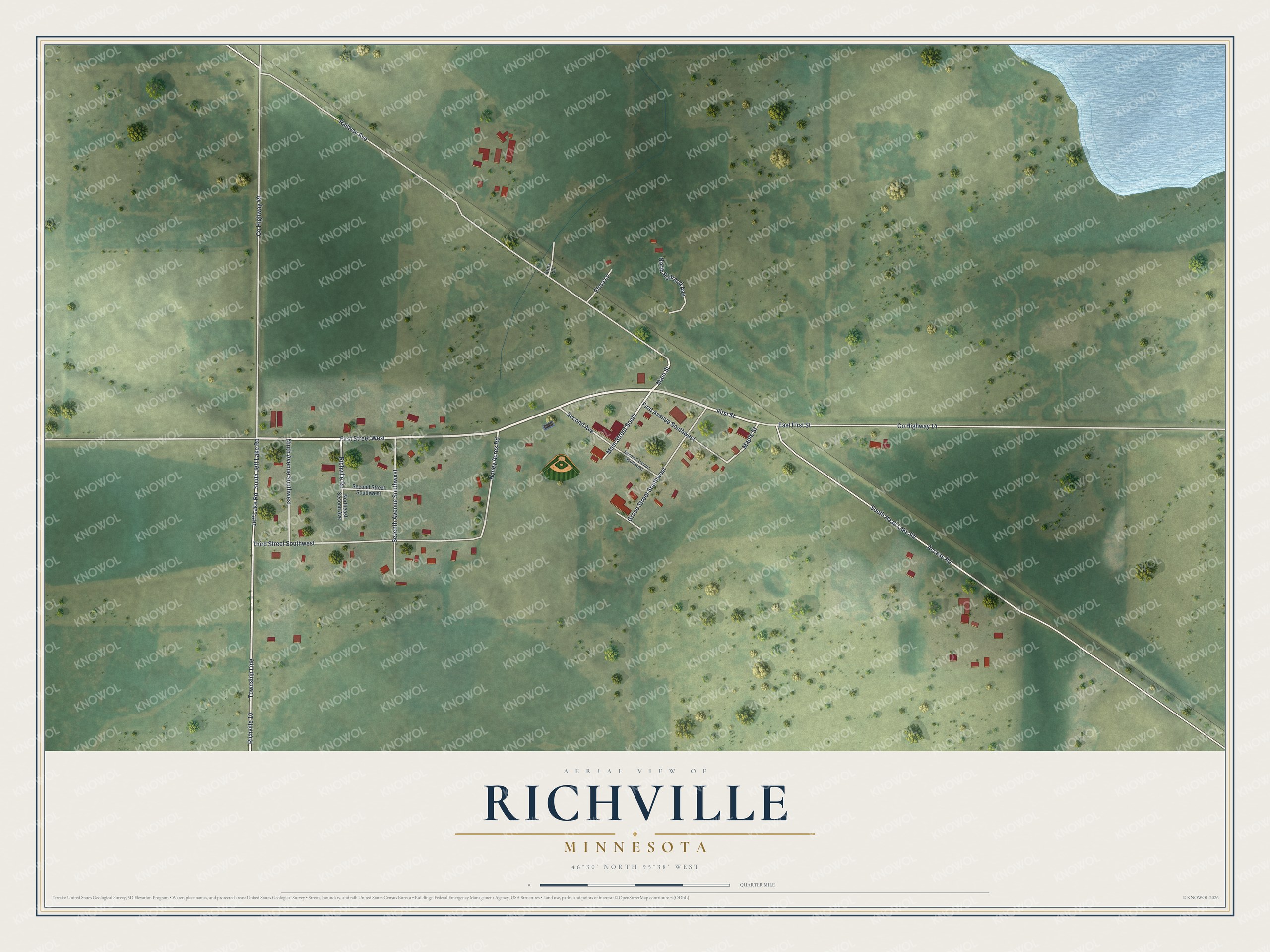 Full map of Richville, Minnesota, with red buildings, printed street names and the land around them