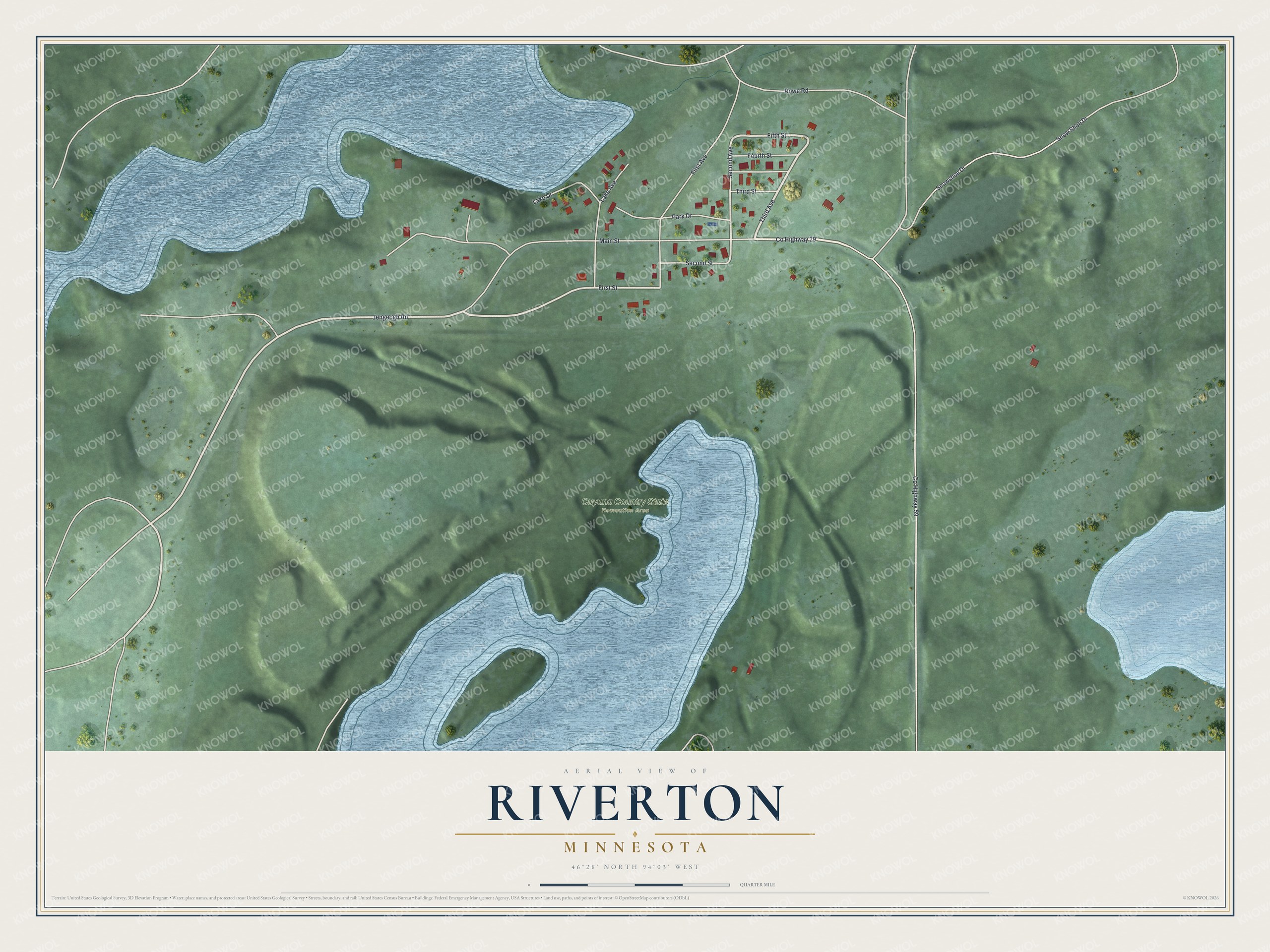 Full map of Riverton, Minnesota, with red buildings, printed street names and the land around them