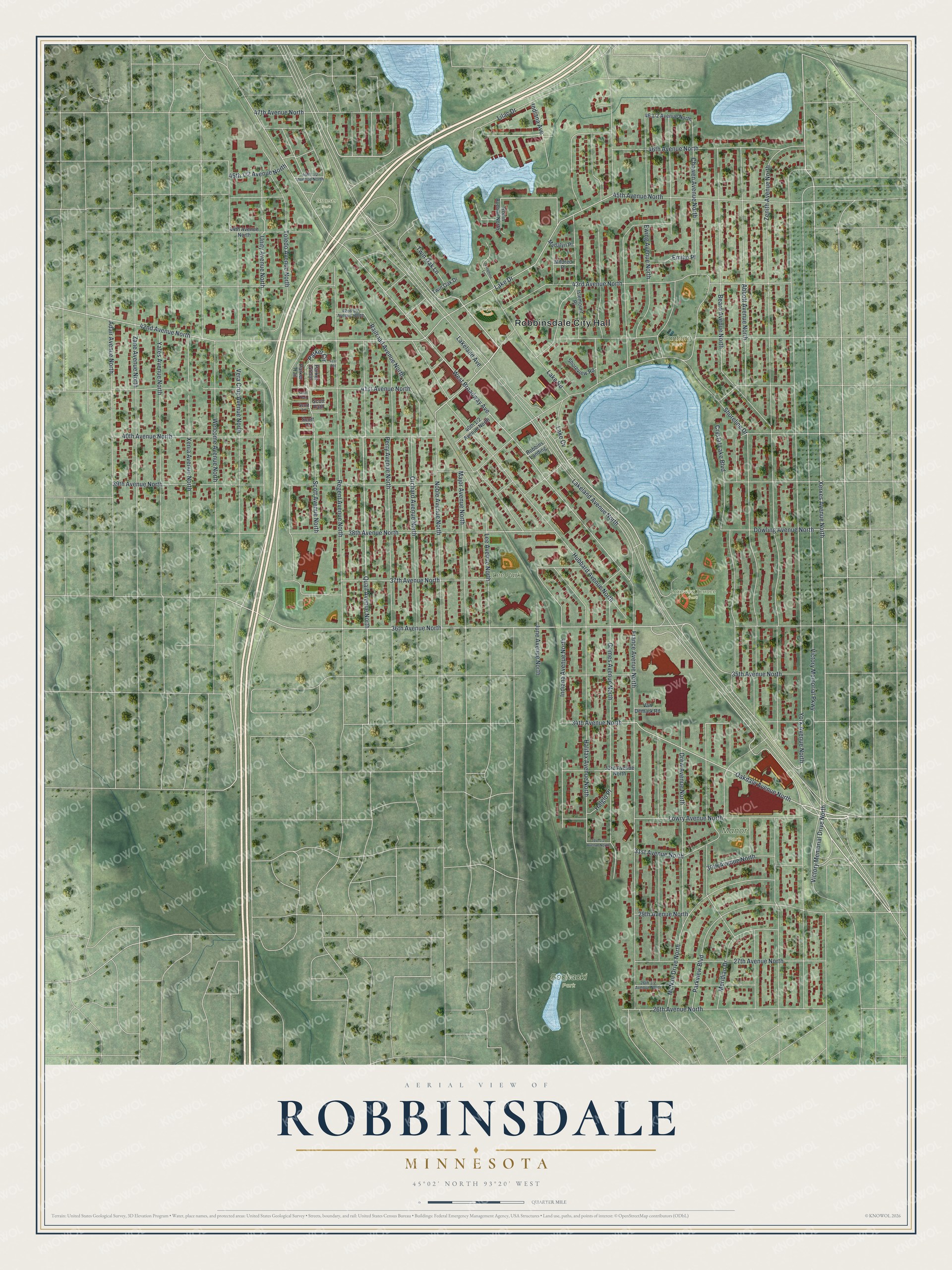 Full map of Robbinsdale, Minnesota, with red buildings, printed street names and the land around them