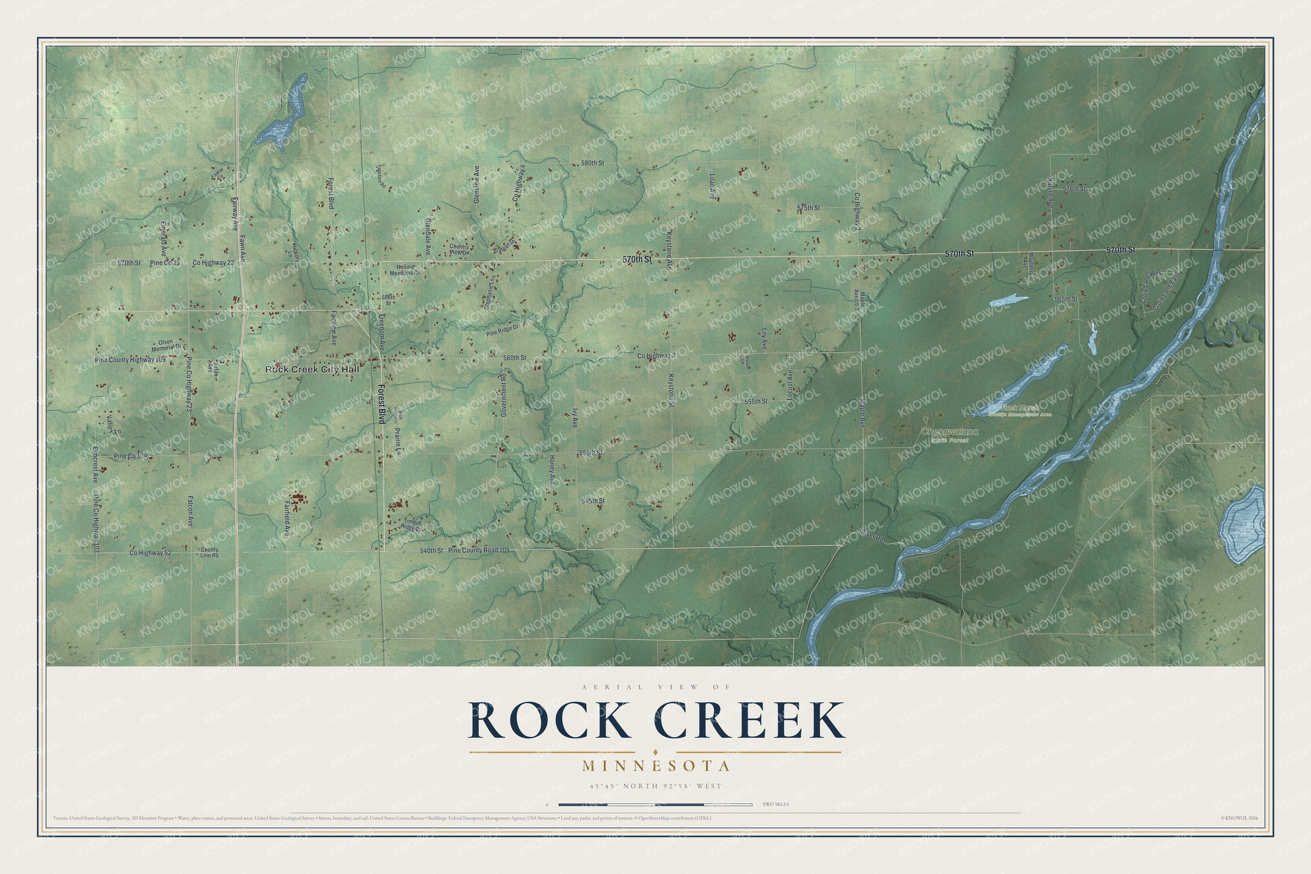 Full map of Rock Creek, Minnesota, with red buildings, printed street names and the land around them