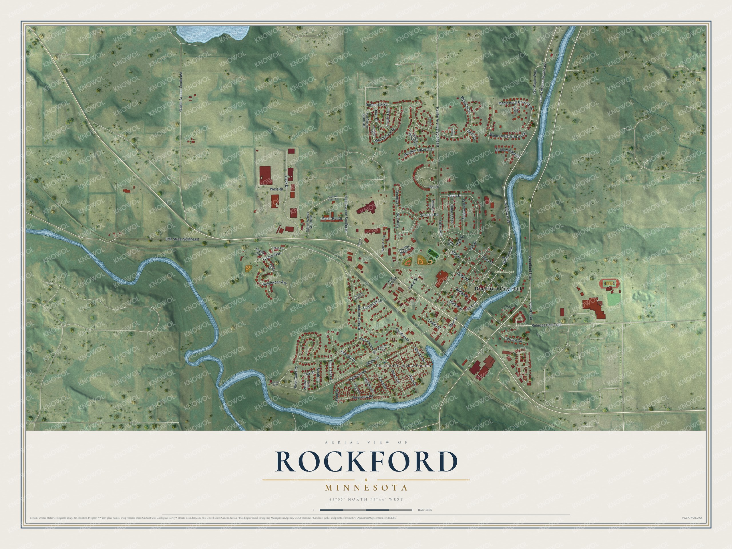 Full map of Rockford, Minnesota, with red buildings, printed street names and the land around them