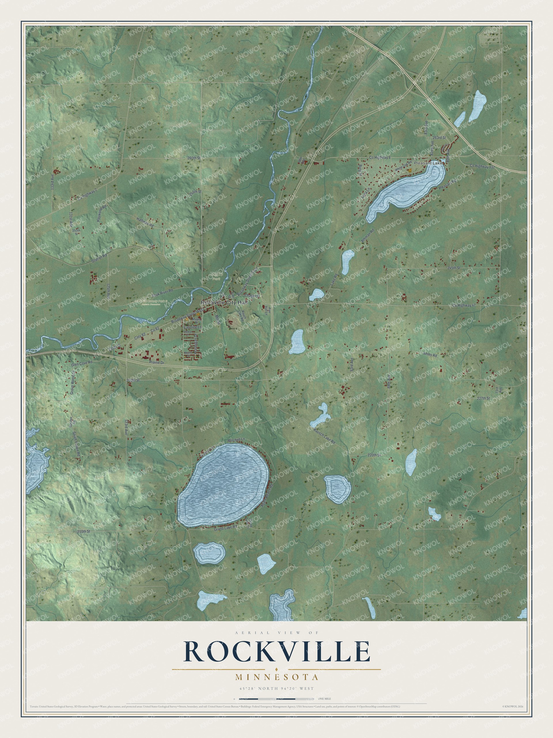 Full map of Rockville, Minnesota, with red buildings, printed street names and the land around them