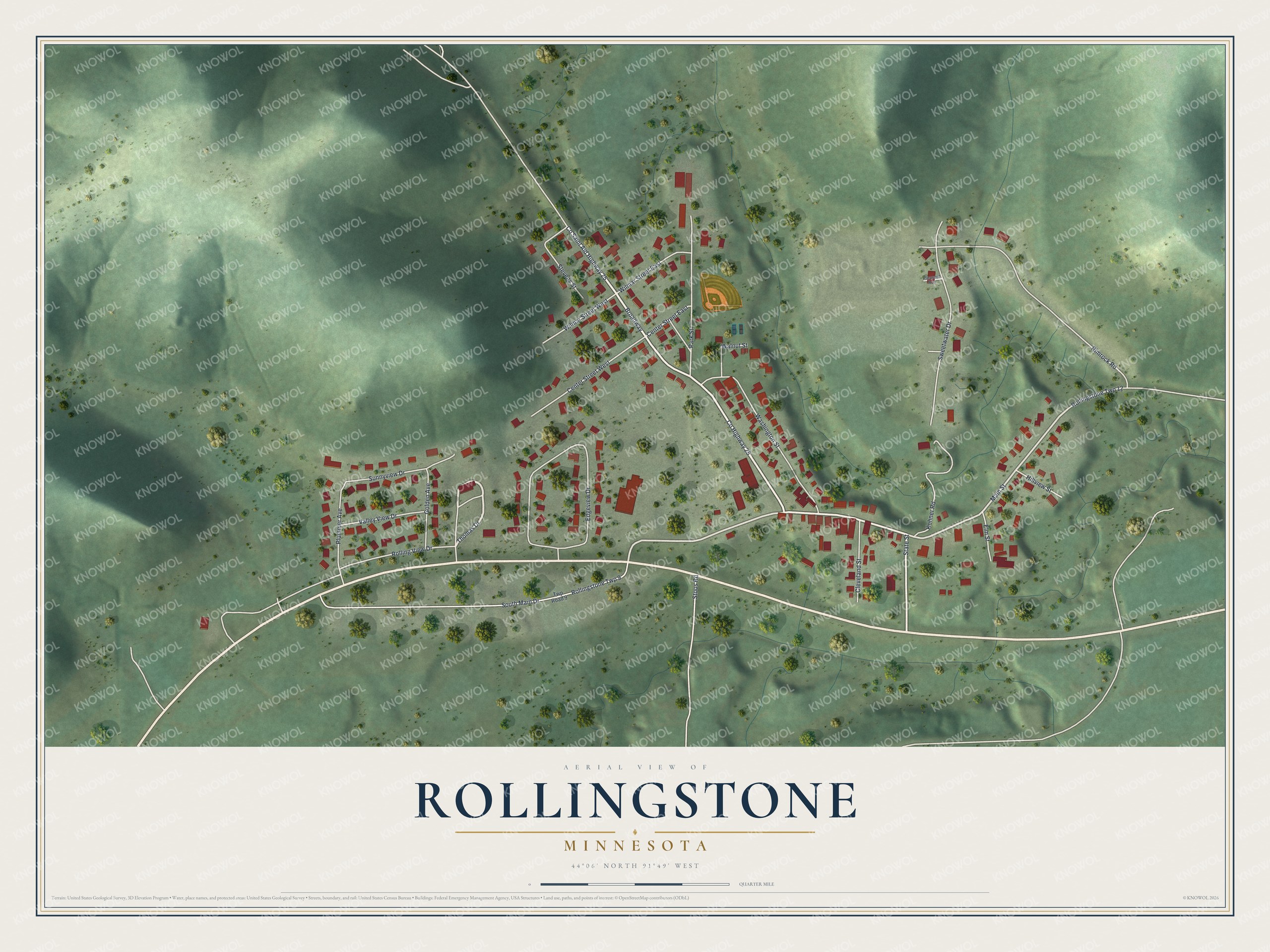 Full map of Rollingstone, Minnesota, with red buildings, printed street names and the land around them