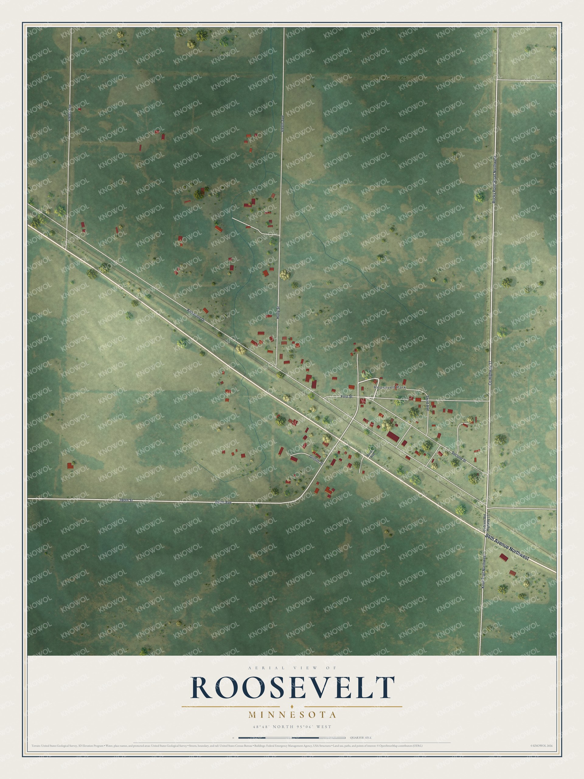 Full map of Roosevelt, Minnesota, with red buildings, printed street names and the land around them