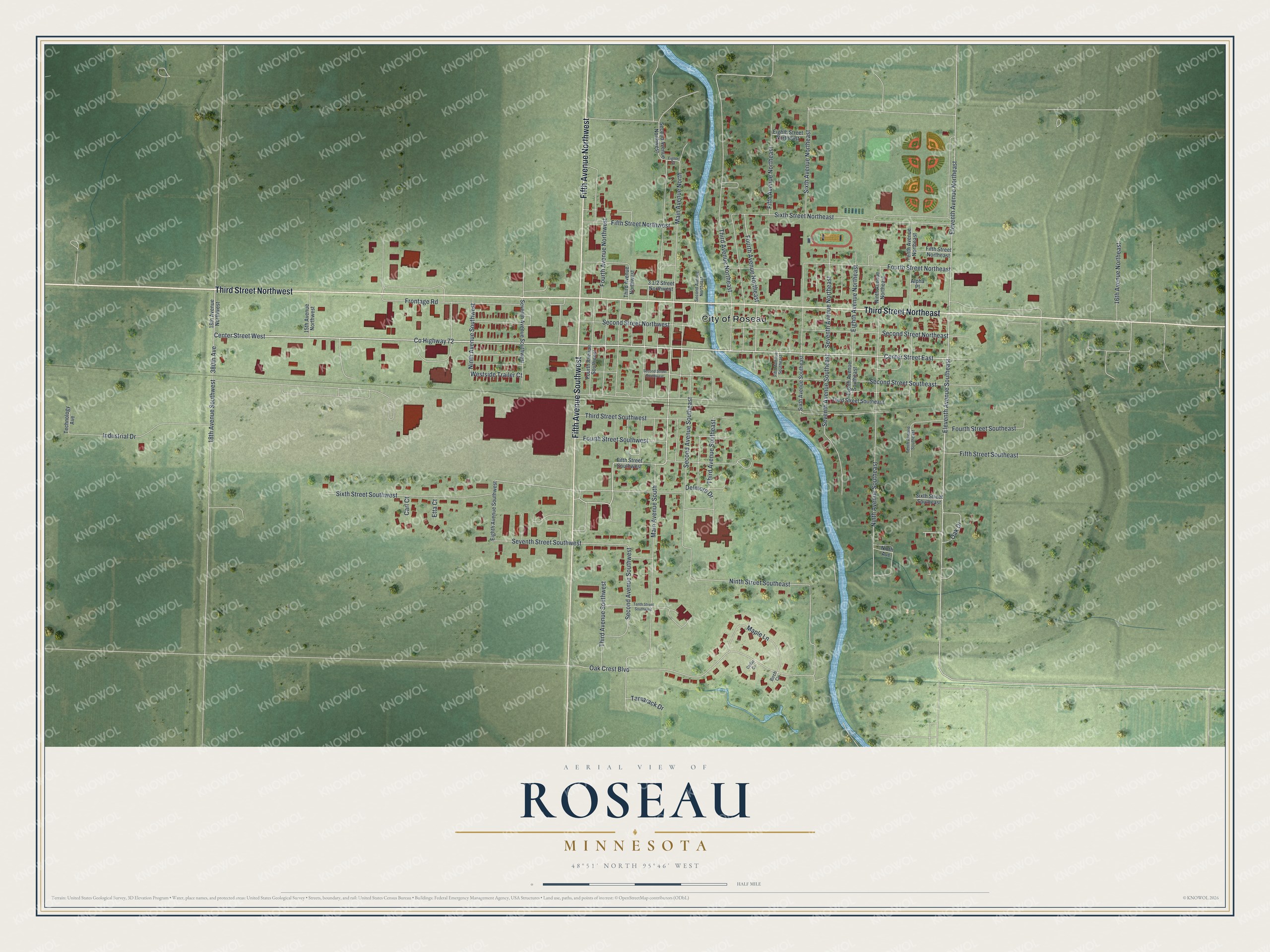 Full map of Roseau, Minnesota, with red buildings, printed street names and the land around them