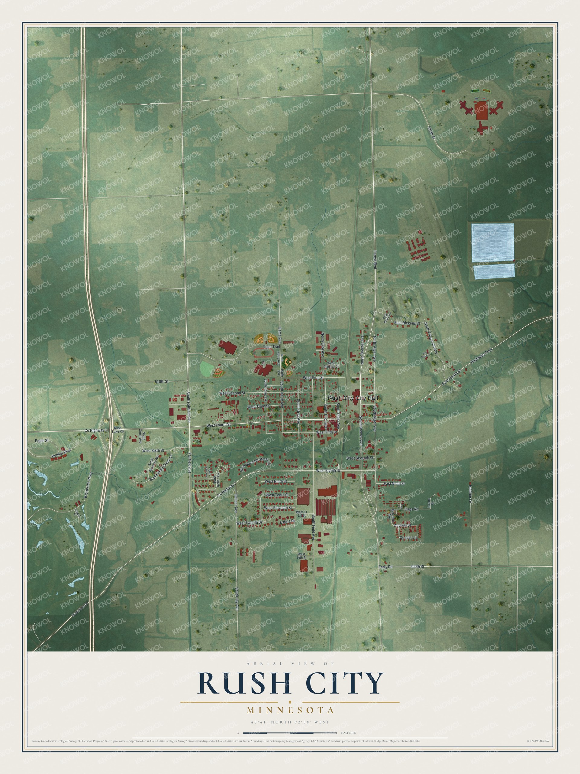 Full map of Rush City, Minnesota, with red buildings, printed street names and the land around them