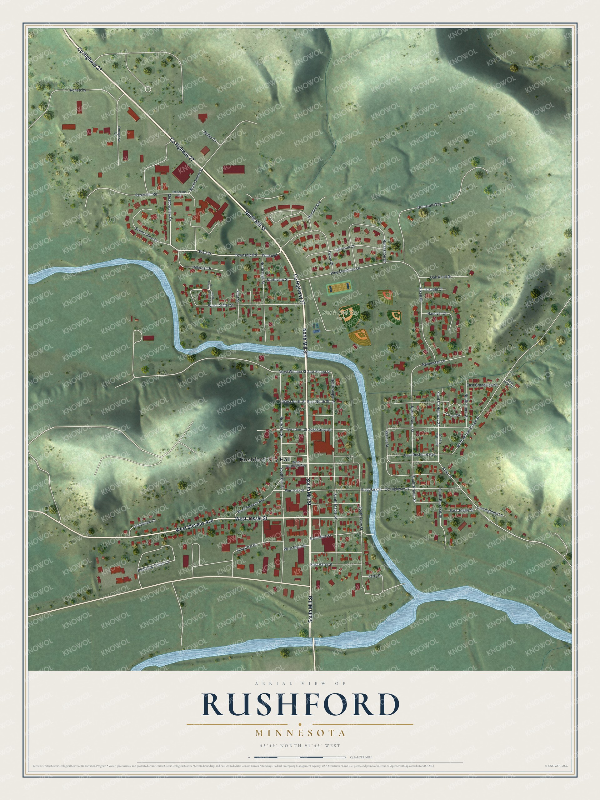 Full map of Rushford, Minnesota, with red buildings, printed street names and the land around them