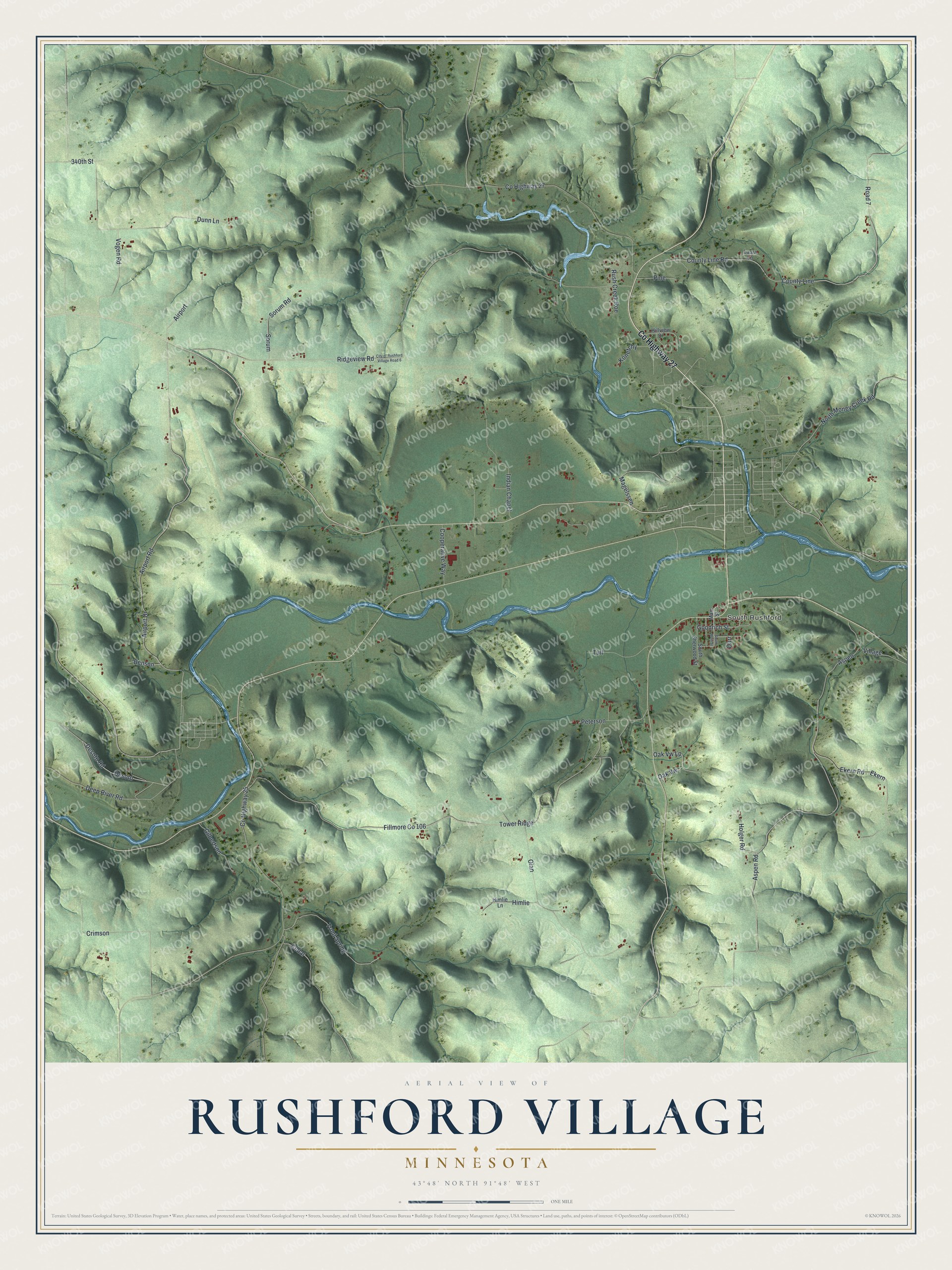 Full map of Rushford Village, Minnesota, with red buildings, printed street names and the land around them