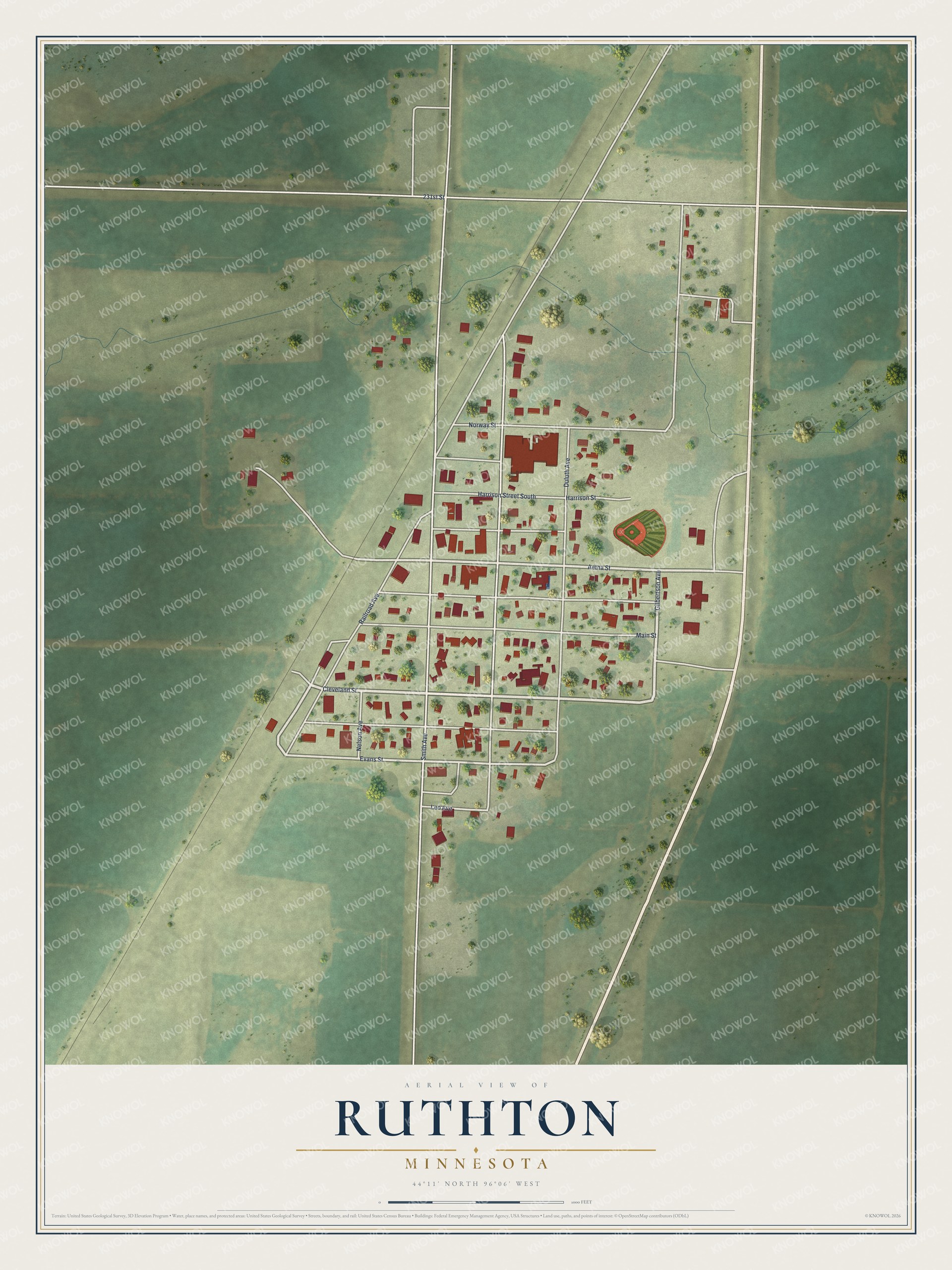 Full map of Ruthton, Minnesota, with red buildings, printed street names and the land around them