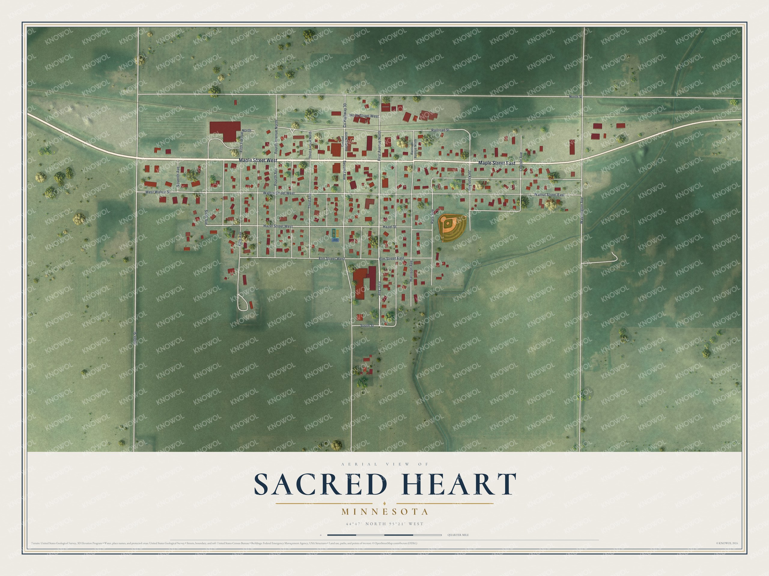 Full map of Sacred Heart, Minnesota, with red buildings, printed street names and the land around them