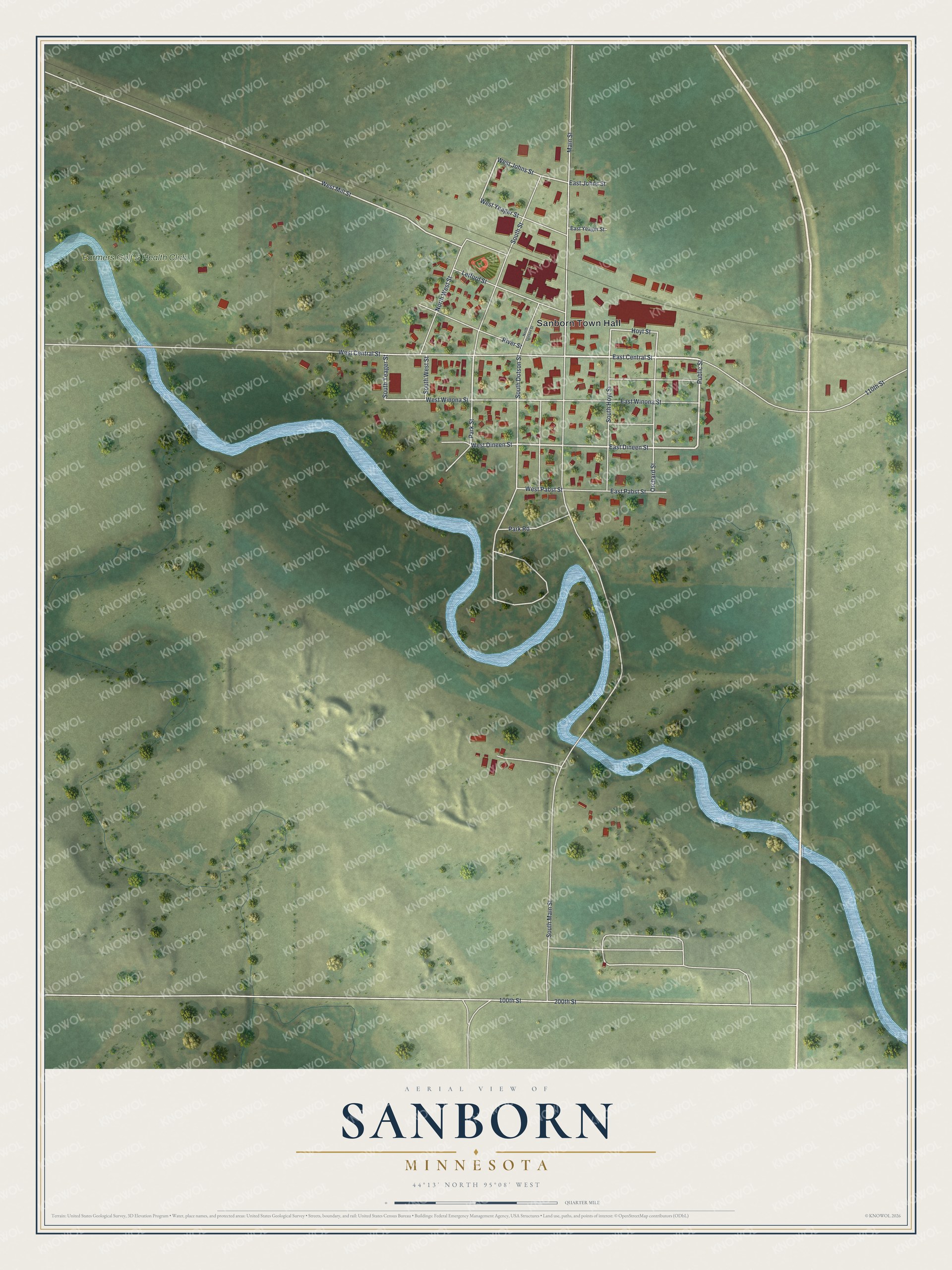 Full map of Sanborn, Minnesota, with red buildings, printed street names and the land around them