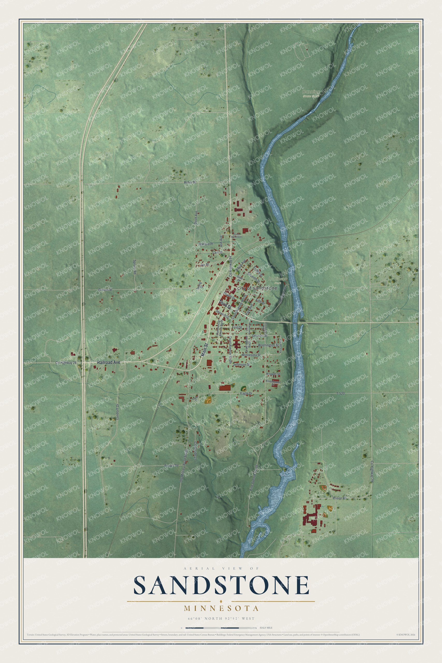 Full map of Sandstone, Minnesota, with red buildings, printed street names and the land around them