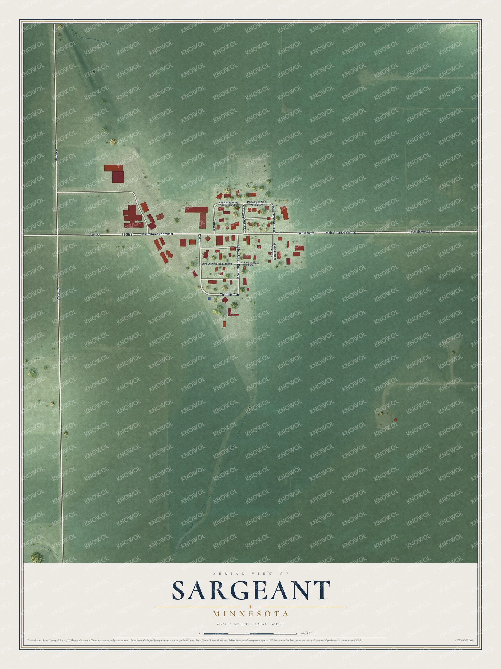 Full map of Sargeant, Minnesota, with red buildings, printed street names and the land around them