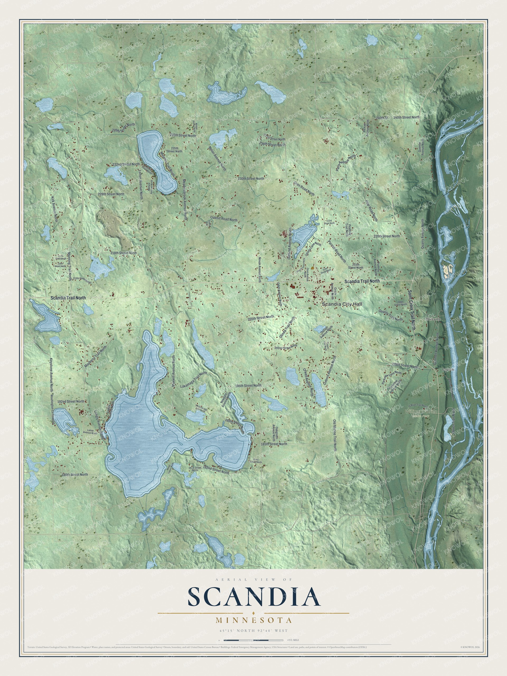 Full map of Scandia, Minnesota, with red buildings, printed street names and the land around them
