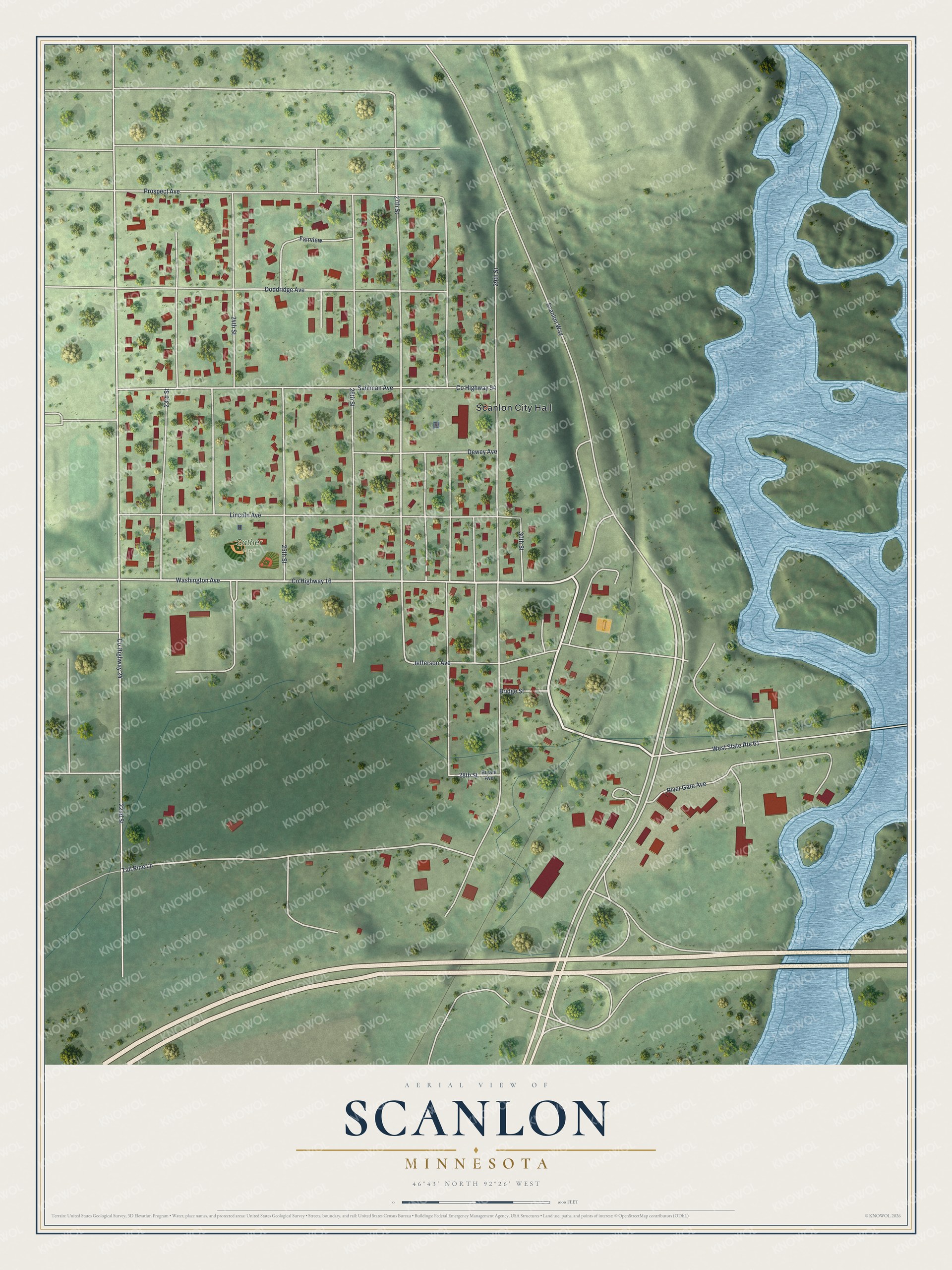 Full map of Scanlon, Minnesota, with red buildings, printed street names and the land around them
