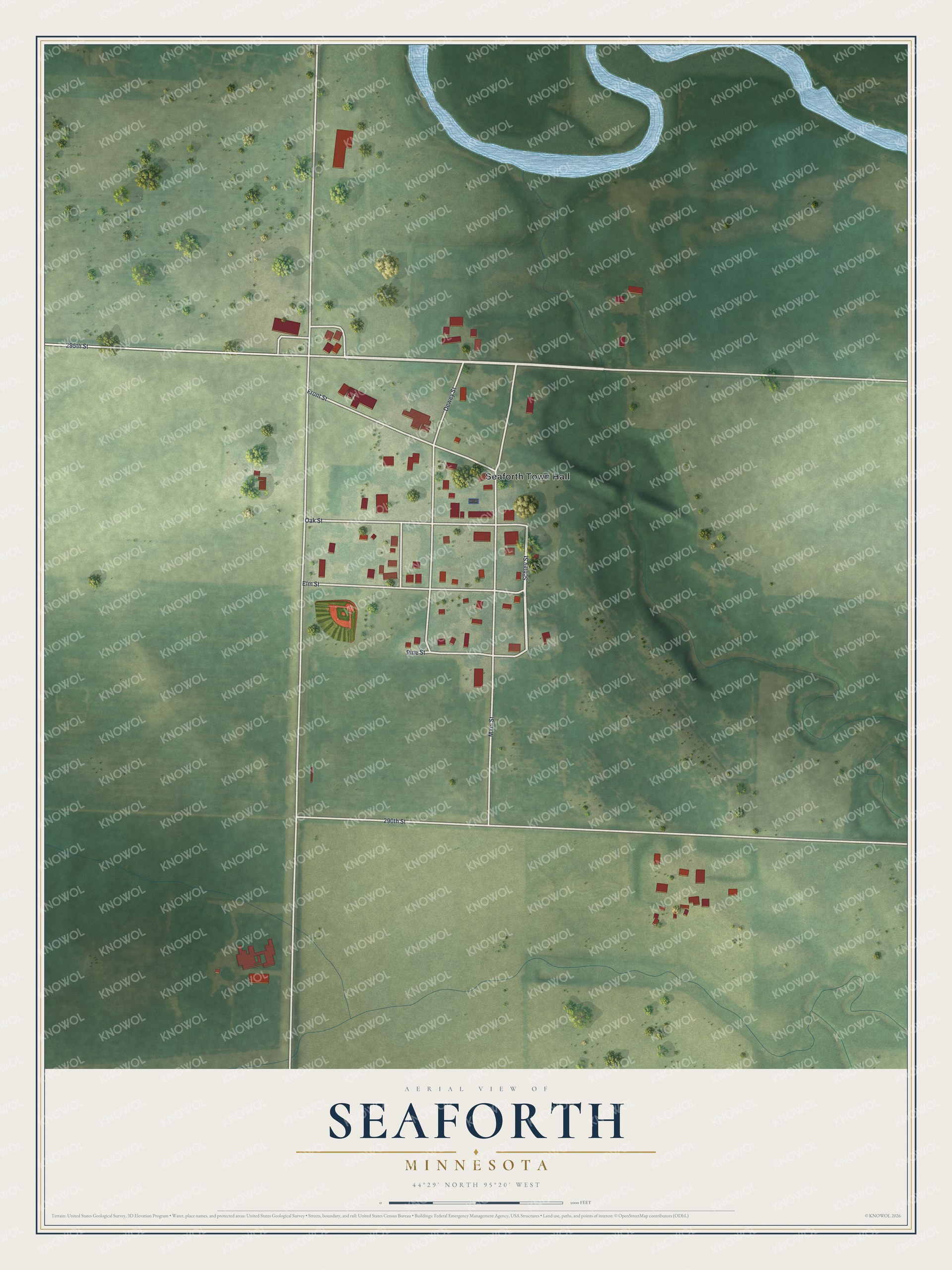 Full map of Seaforth, Minnesota, with red buildings, printed street names and the land around them