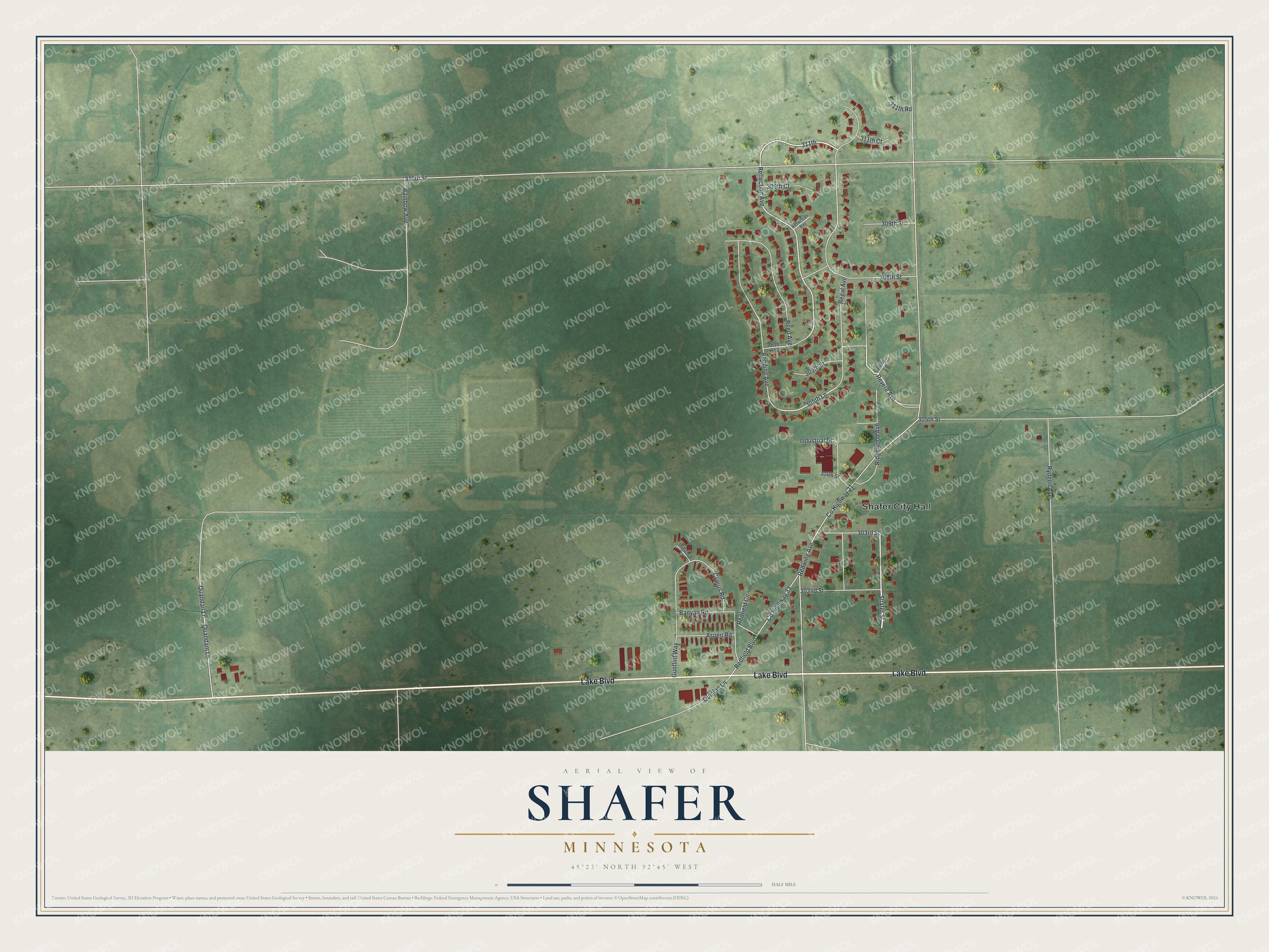 Full map of Shafer, Minnesota, with red buildings, printed street names and the land around them