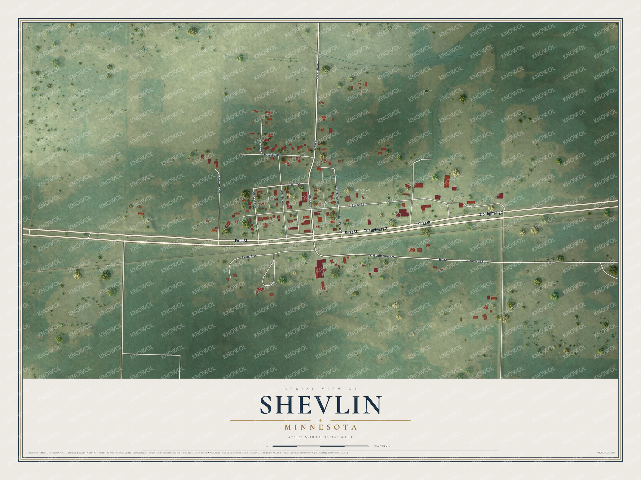 Full map of Shevlin, Minnesota, with red buildings, printed street names and the land around them