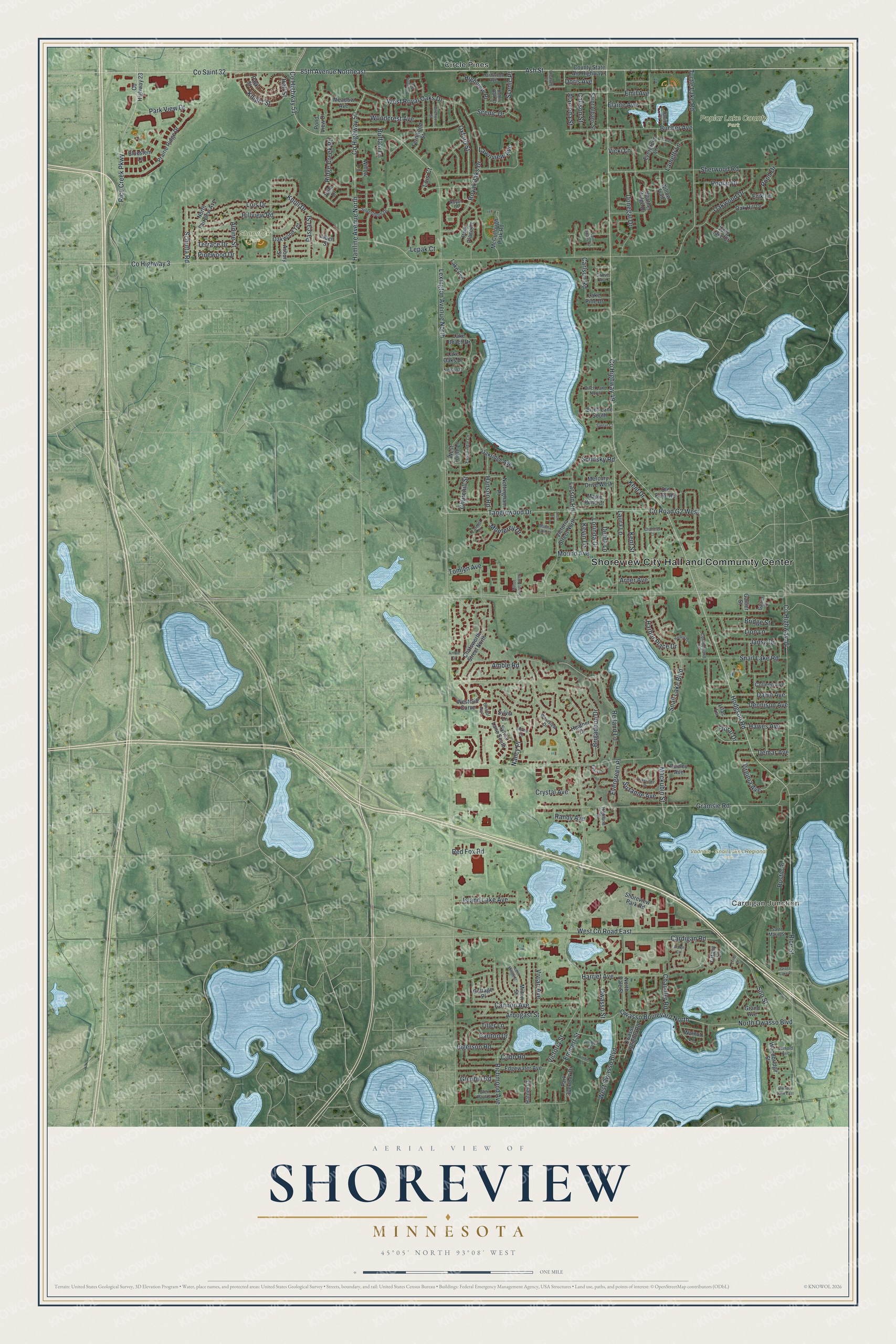 Full map of Shoreview, Minnesota, with red buildings, printed street names and the land around them