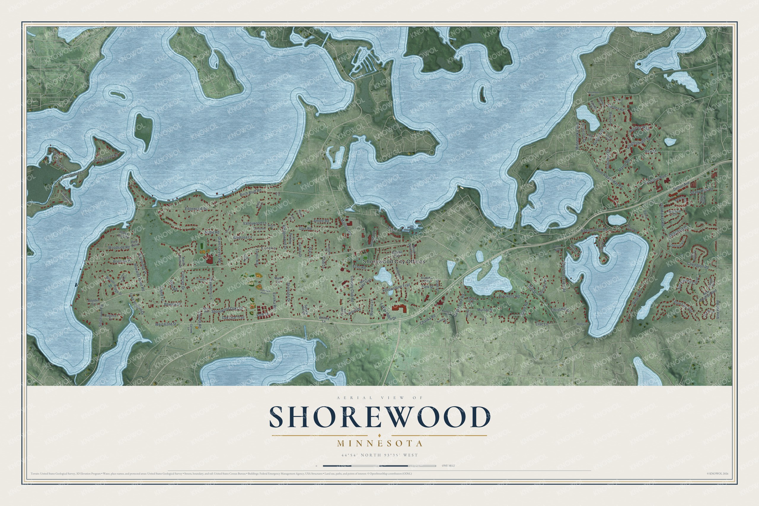Full map of Shorewood, Minnesota, with red buildings, printed street names and the land around them