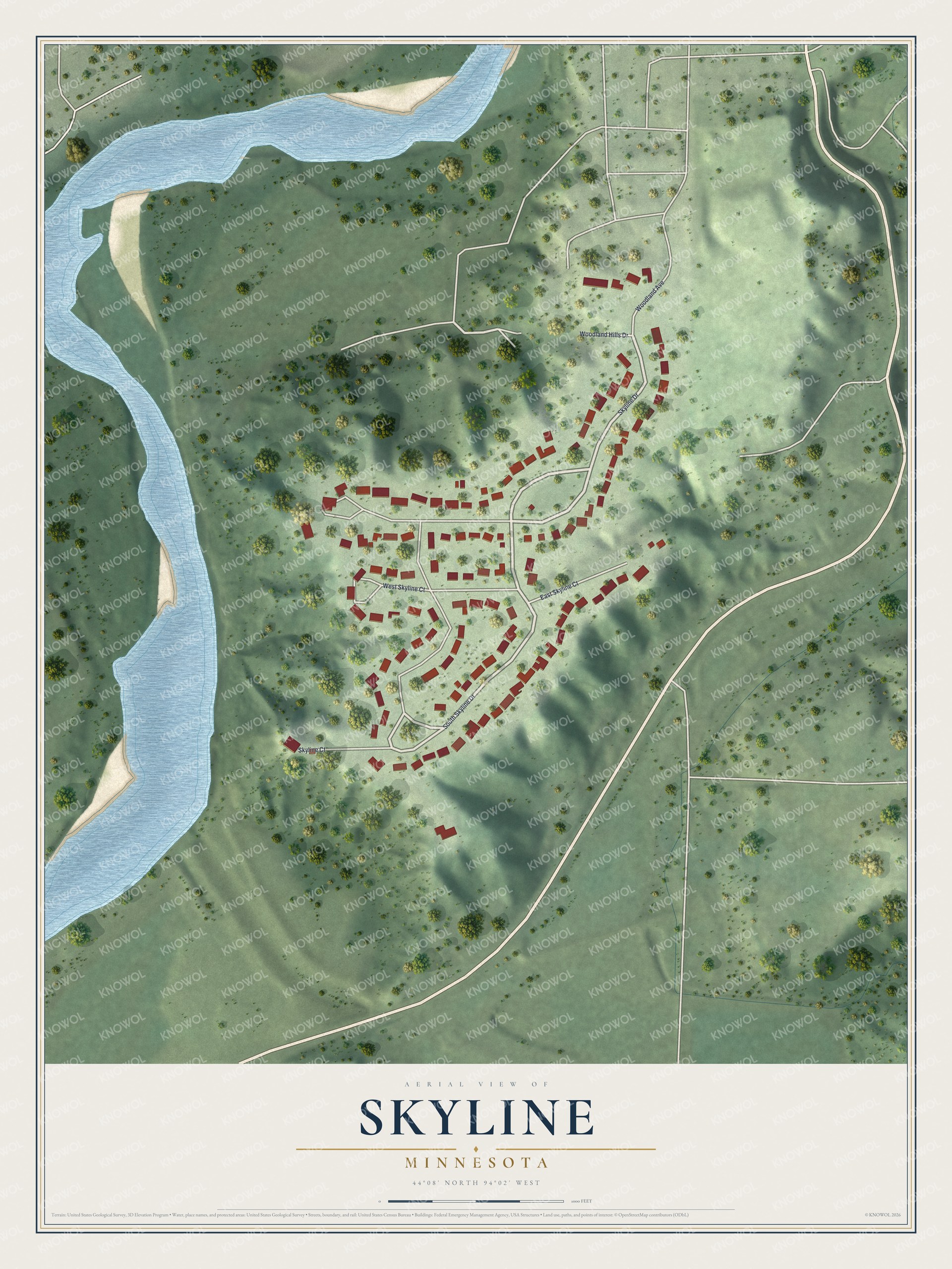 Full map of Skyline, Minnesota, with red buildings, printed street names and the land around them