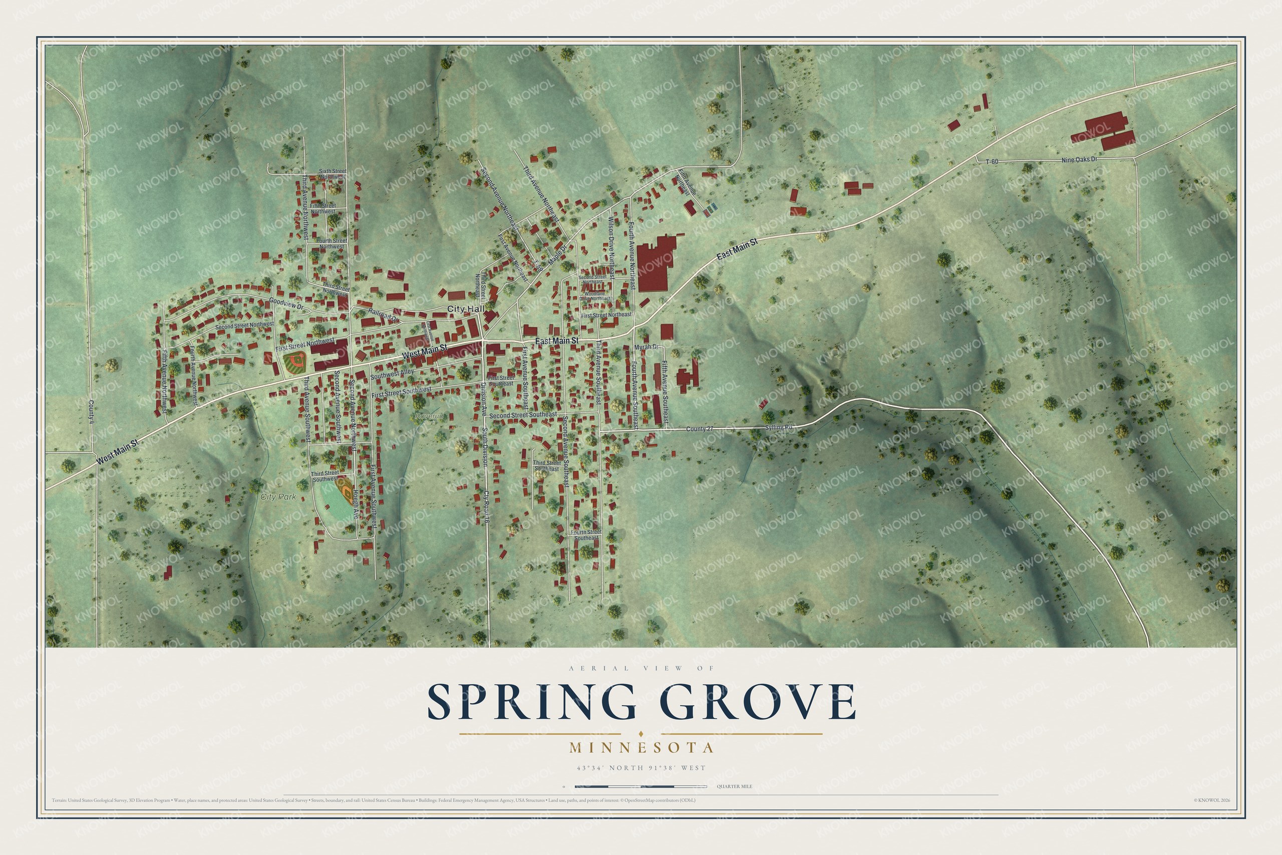 Full map of Spring Grove, Minnesota, with red buildings, printed street names and the land around them