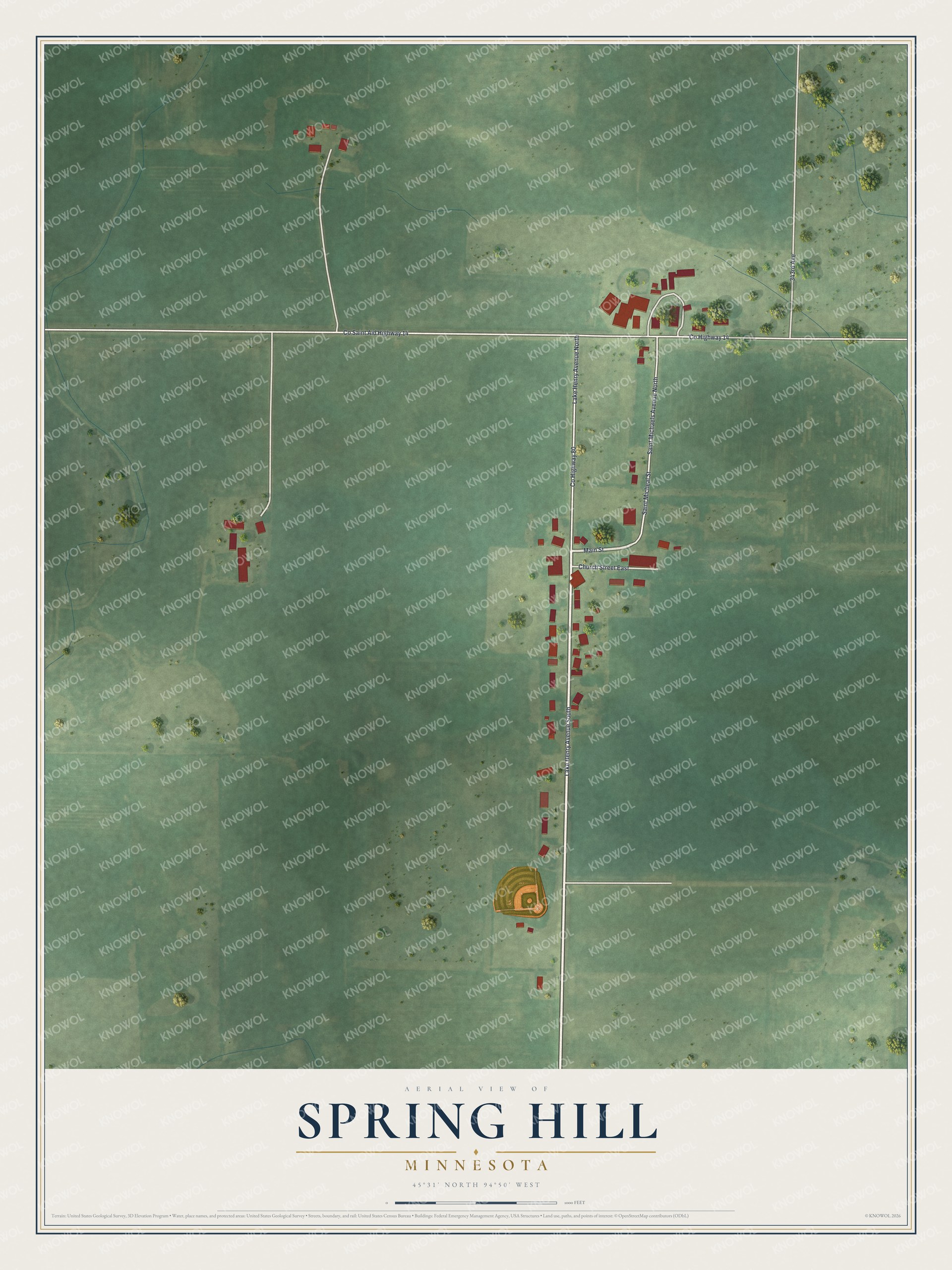 Full map of Spring Hill, Minnesota, with red buildings, printed street names and the land around them