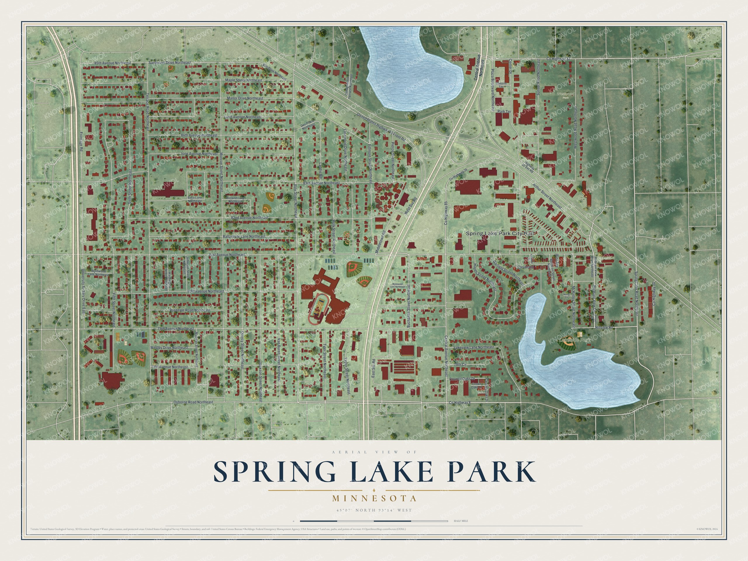 Full map of Spring Lake Park, Minnesota, with red buildings, printed street names and the land around them