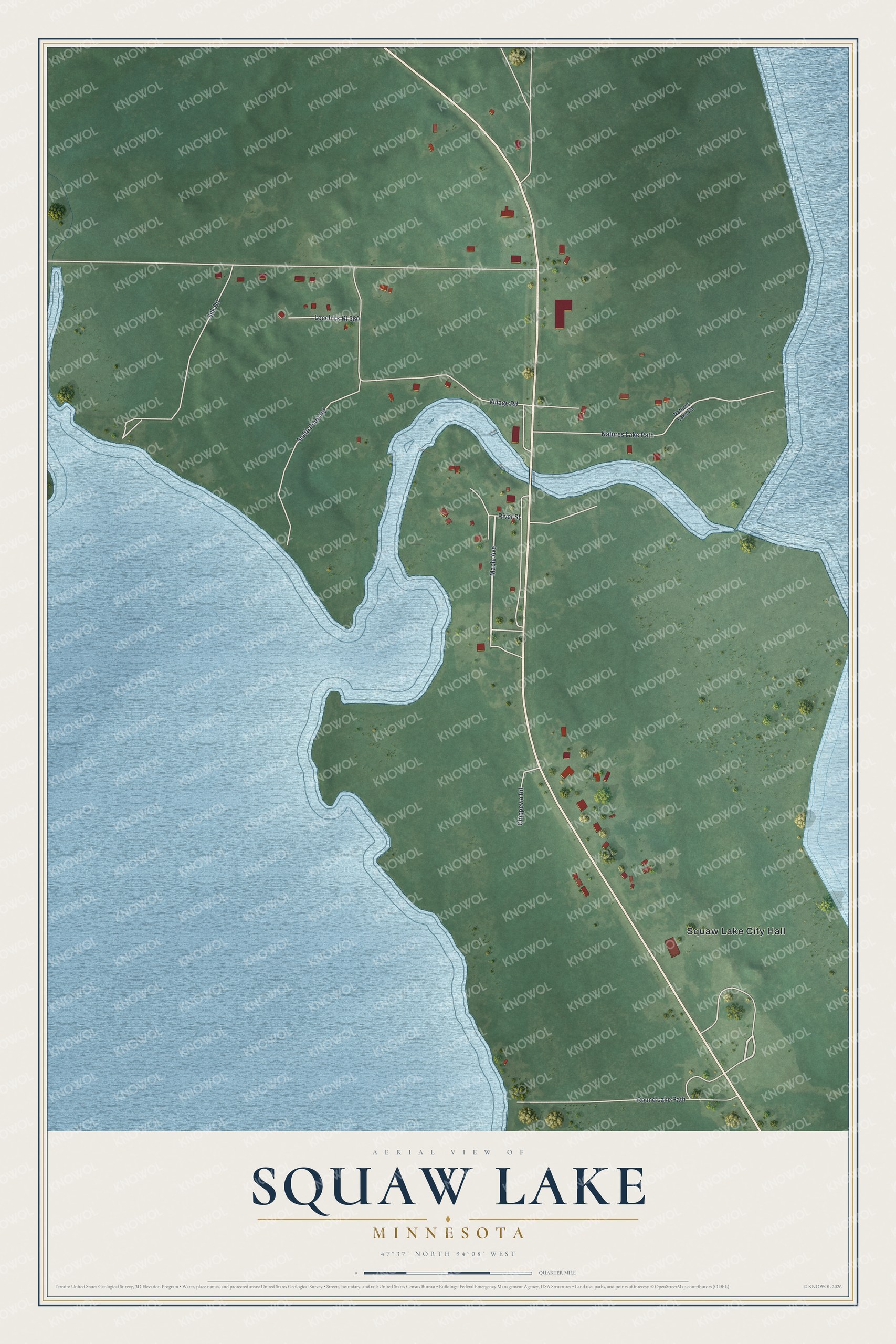 Full map of Squaw Lake, Minnesota, with red buildings, printed street names and the land around them