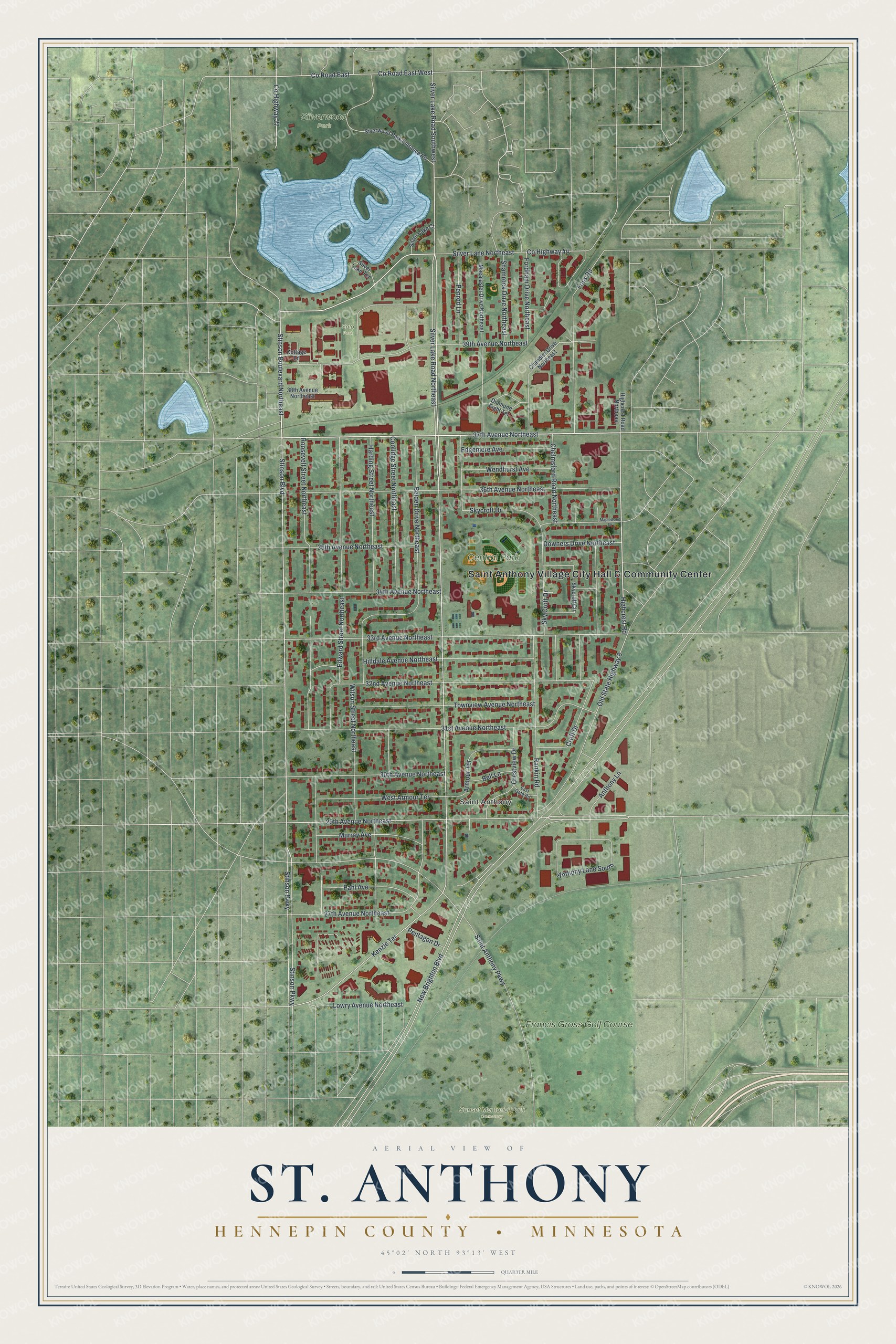 Full map of St. Anthony, Minnesota, with red buildings, printed street names and the land around them