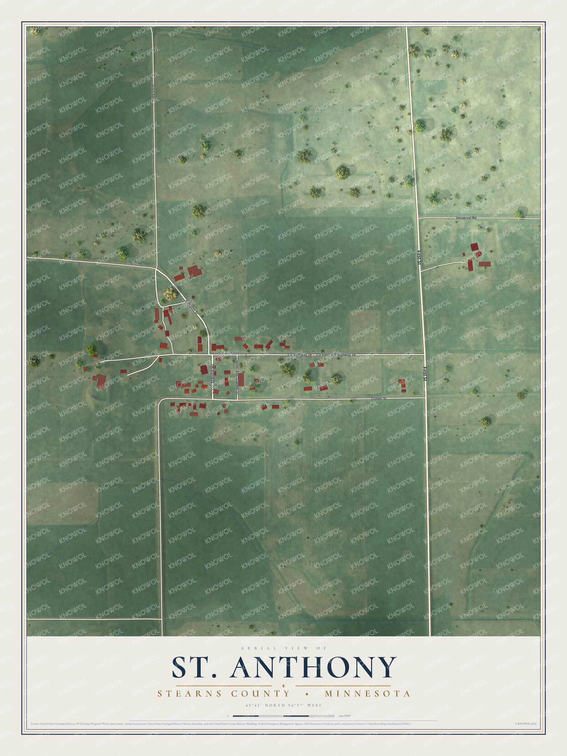 Full map of St. Anthony, Minnesota, with red buildings, printed street names and the land around them