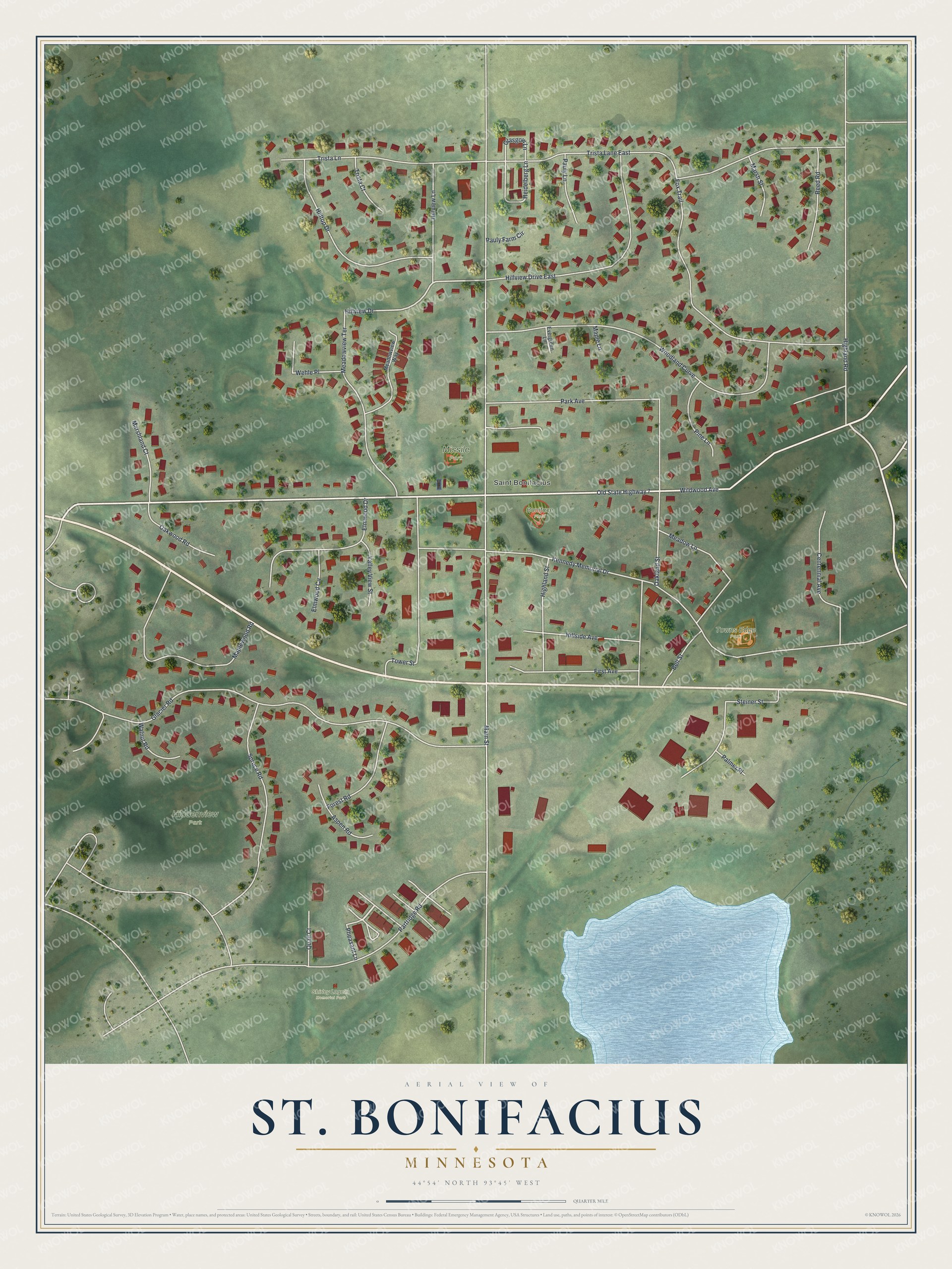 Full map of St. Bonifacius, Minnesota, with red buildings, printed street names and the land around them