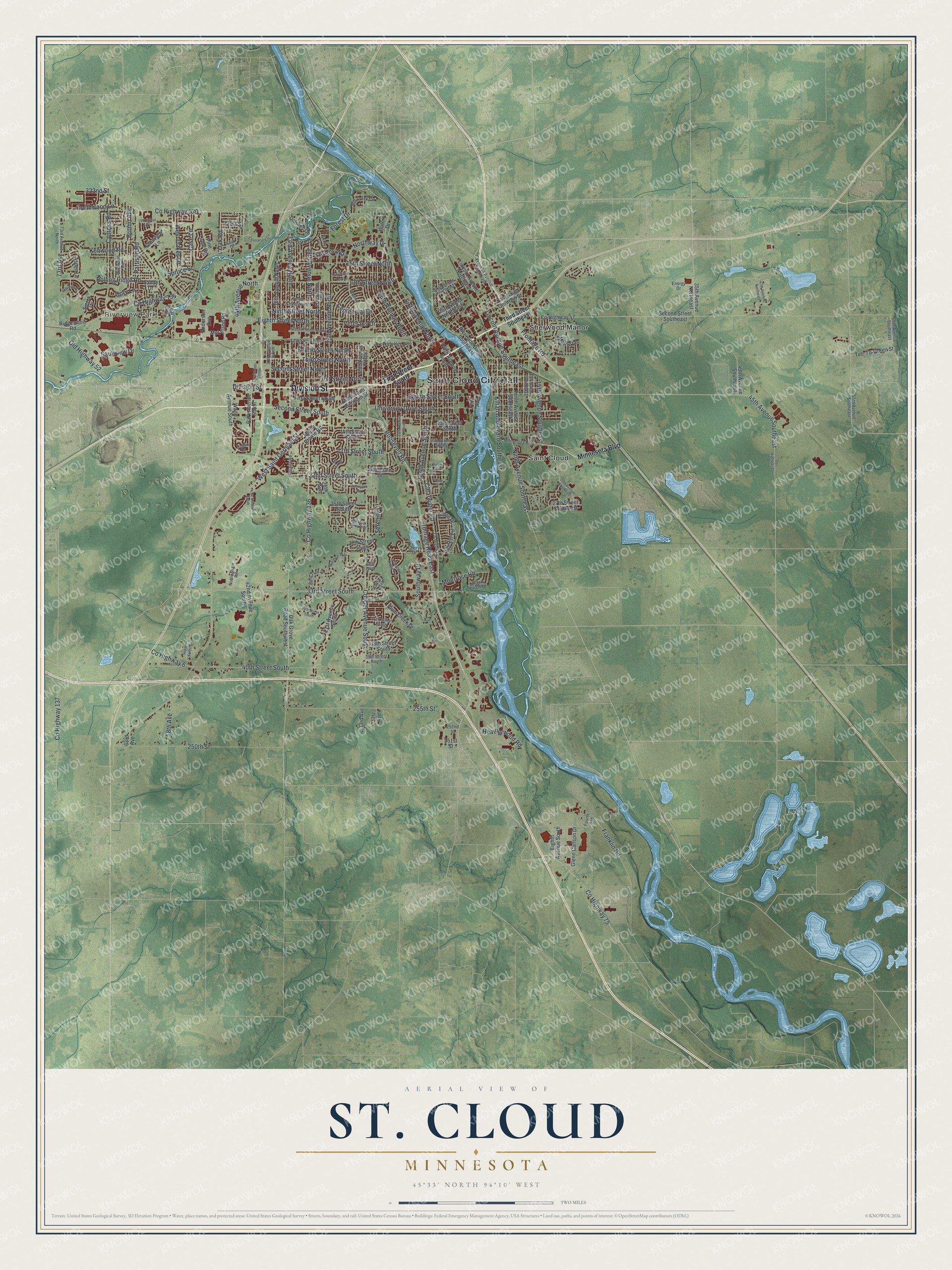 Full map of St. Cloud, Minnesota, with red buildings, printed street names and the land around them