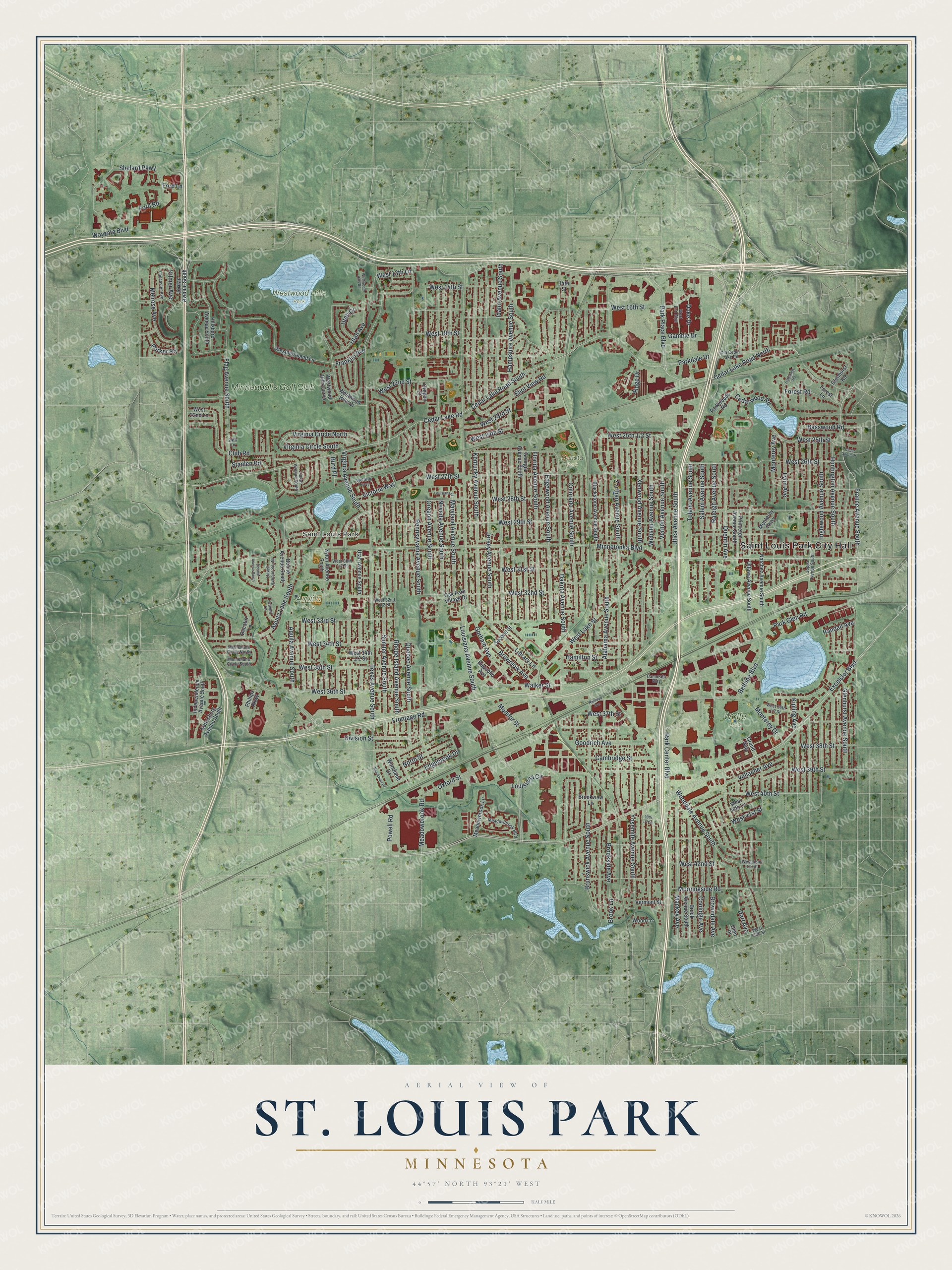 Full map of St. Louis Park, Minnesota, with red buildings, printed street names and the land around them