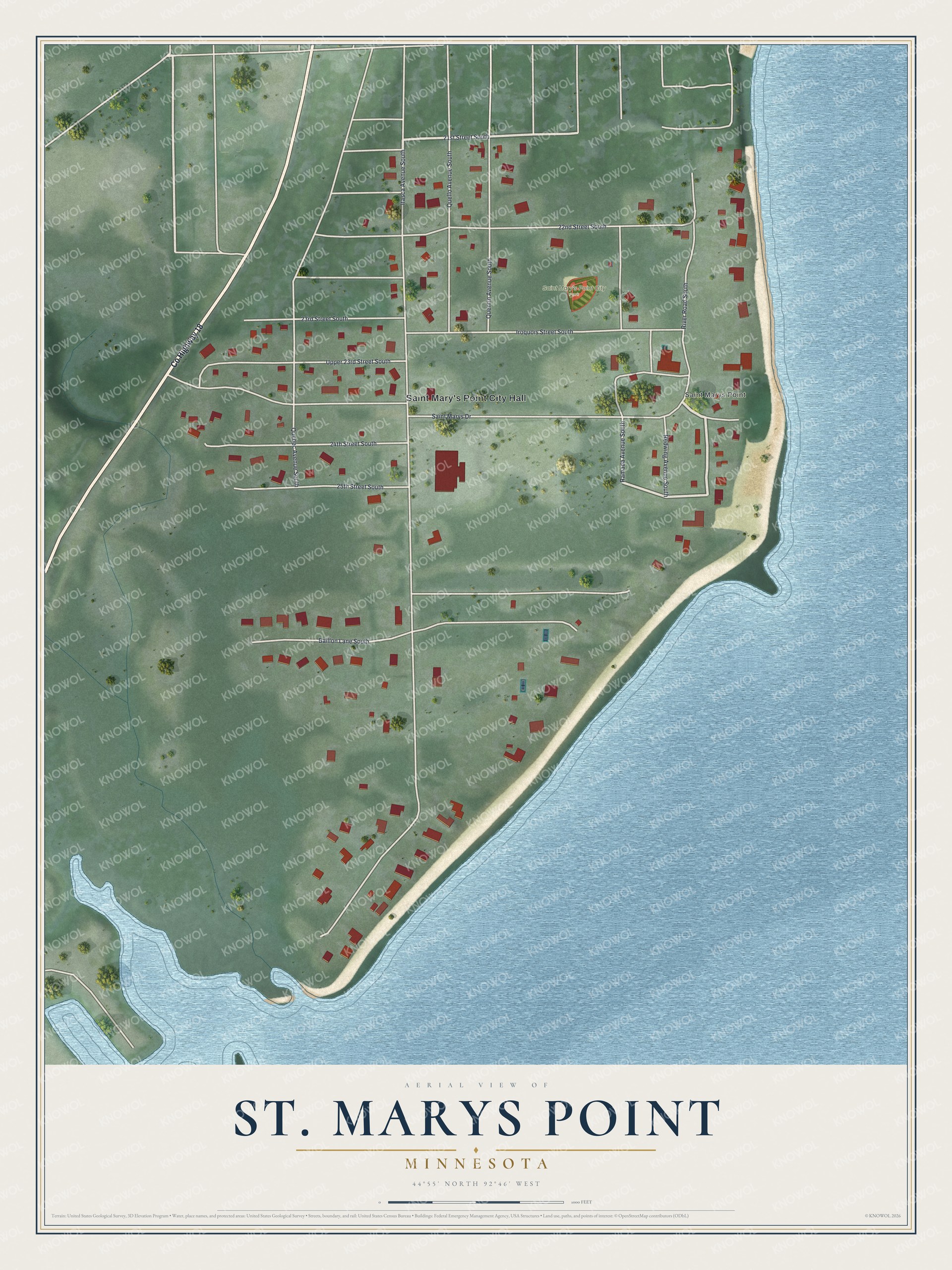 Full map of St. Marys Point, Minnesota, with red buildings, printed street names and the land around them