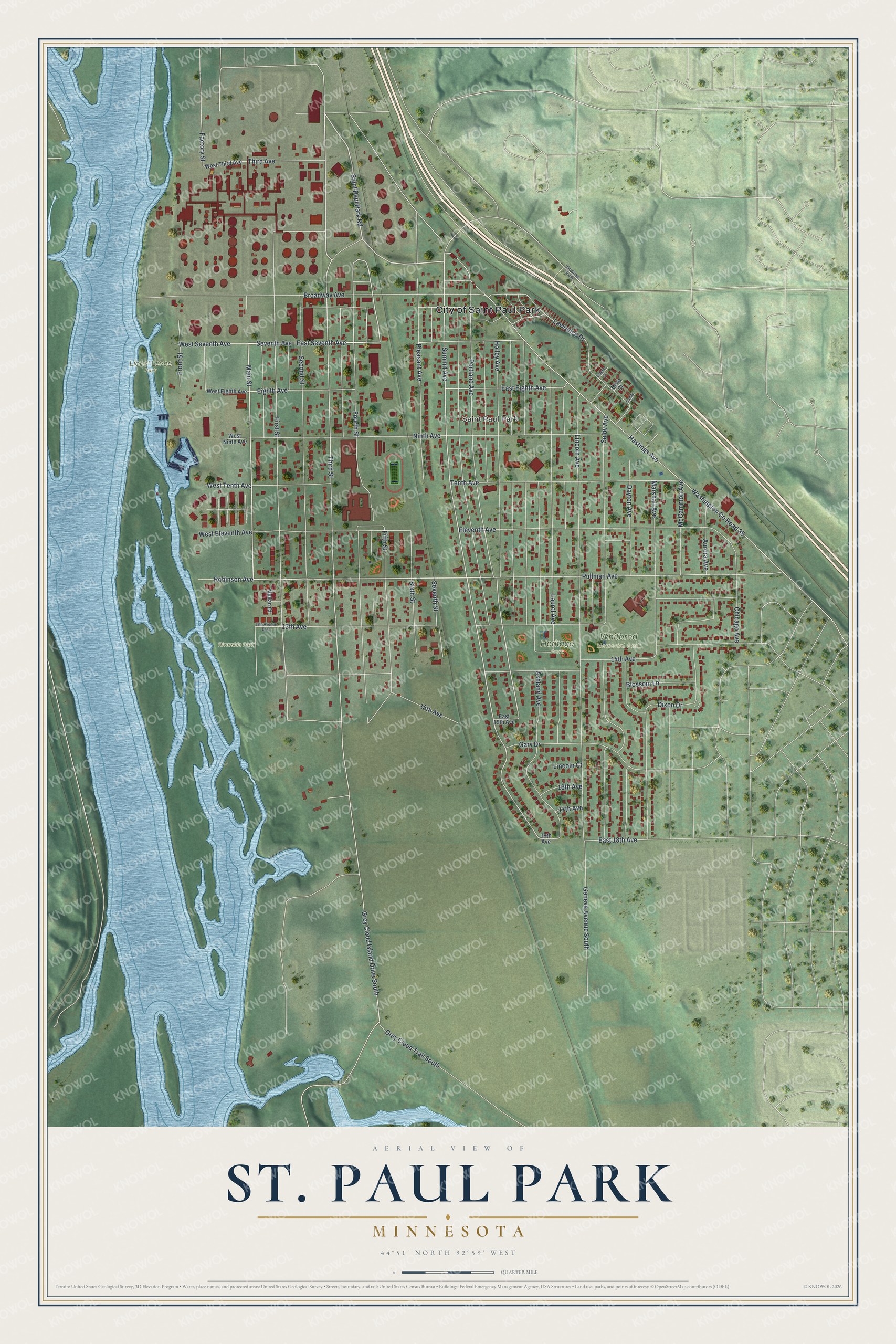 Full map of St. Paul Park, Minnesota, with red buildings, printed street names and the land around them