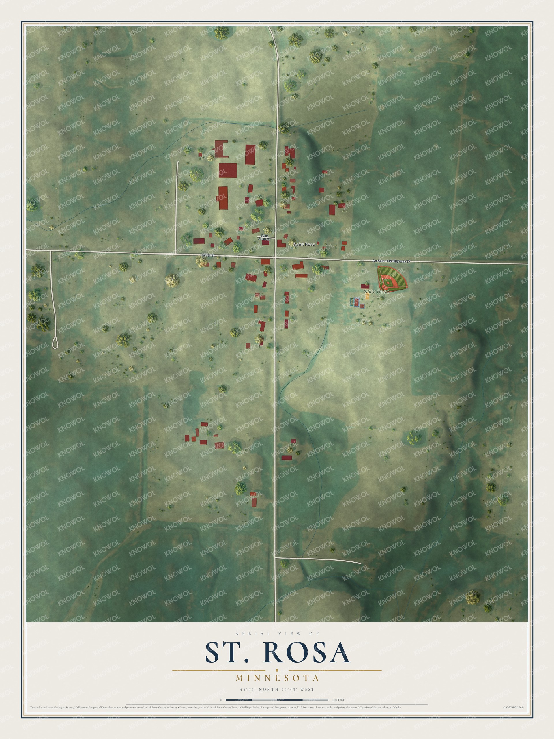 Full map of St. Rosa, Minnesota, with red buildings, printed street names and the land around them
