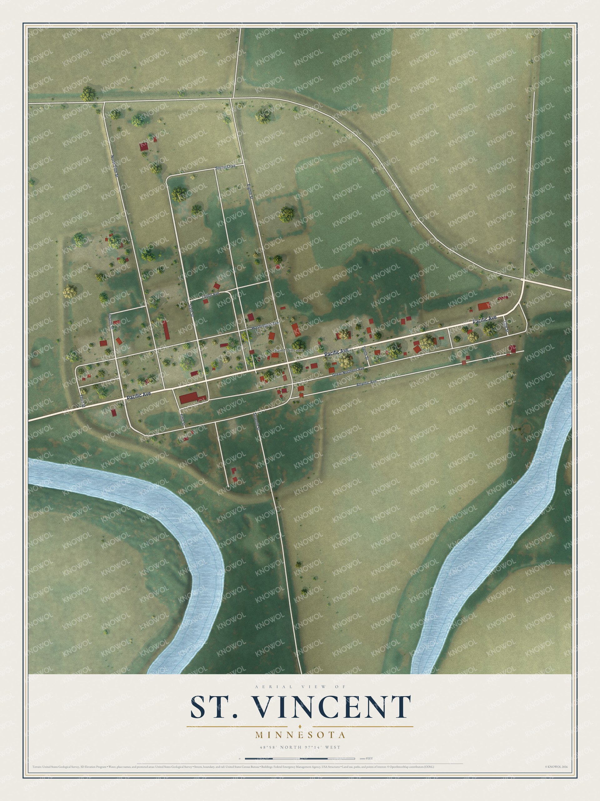 Full map of St. Vincent, Minnesota, with red buildings, printed street names and the land around them