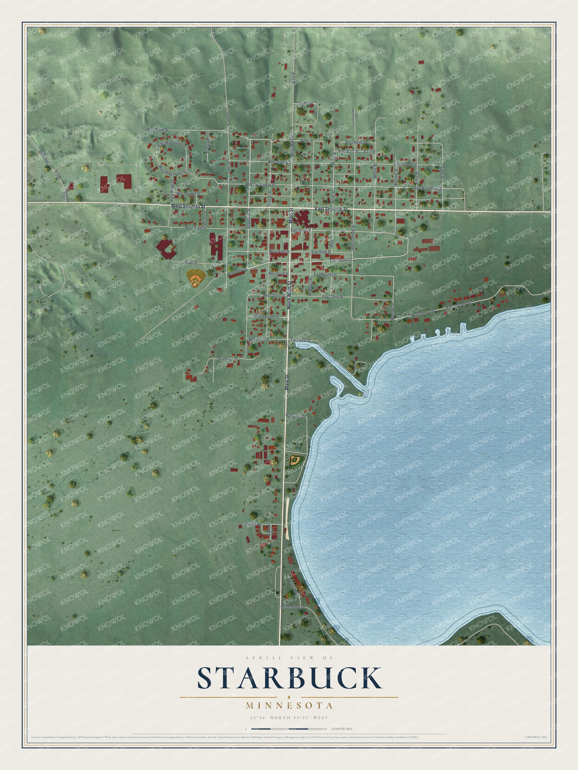 Full map of Starbuck, Minnesota, with red buildings, printed street names and the land around them