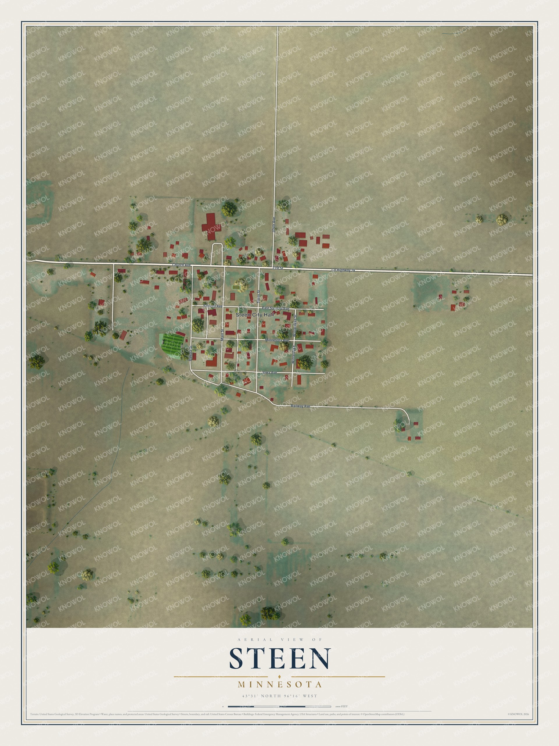 Full map of Steen, Minnesota, with red buildings, printed street names and the land around them